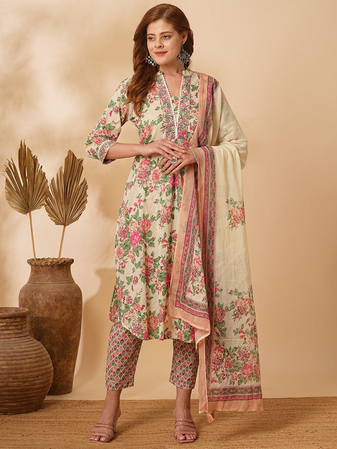 Fashor Floral Printed & Embroidered A-Line Kurta with Pant & Dupatta - Cream - view 3