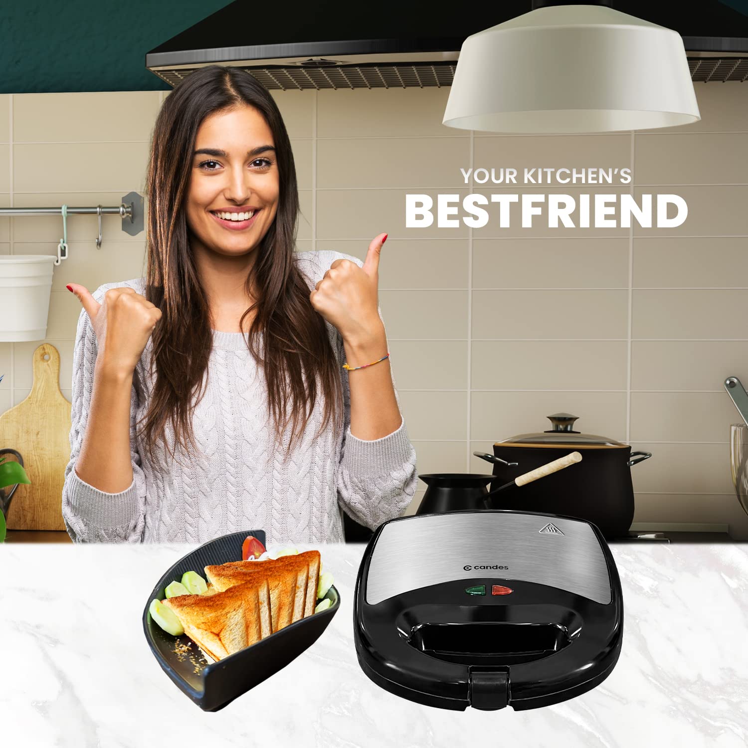 Candes Crunch Sandwich Toaster 4 Slices Non-Stick Fixed with Sandwich Plated Plates - 750 W (1 Year Warranty) Black & Silver - view 2
