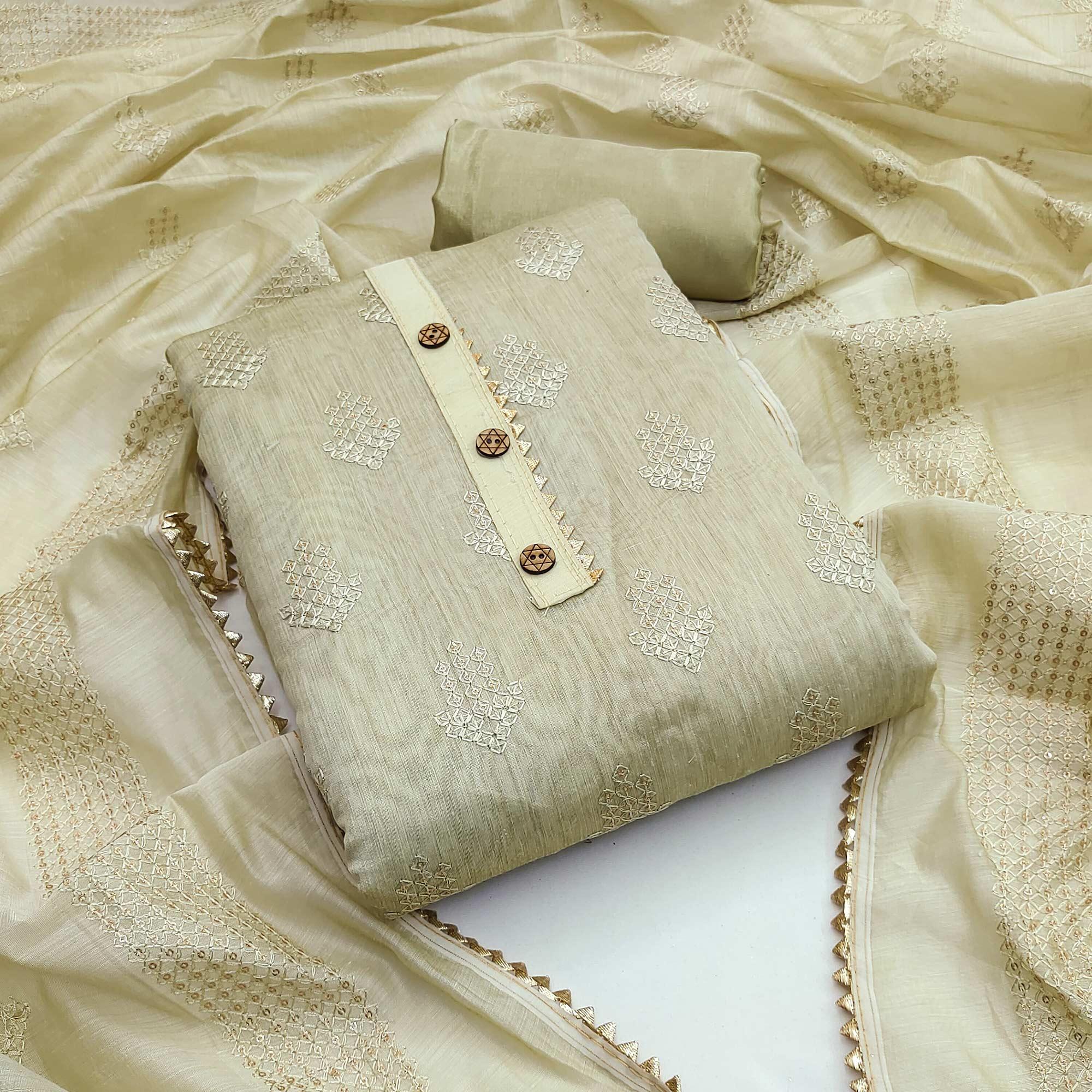 Peachmode Cream Sequins Embroidered Chanderi Dress Material