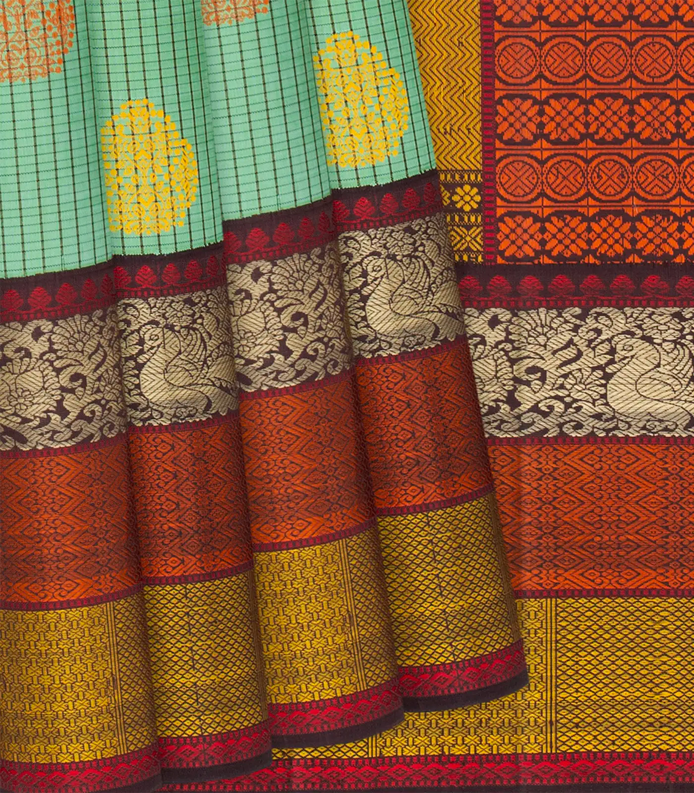 RmKV Pista Green Handloom Kanchipuram Korvai Silk Saree With Checks-Pista Green