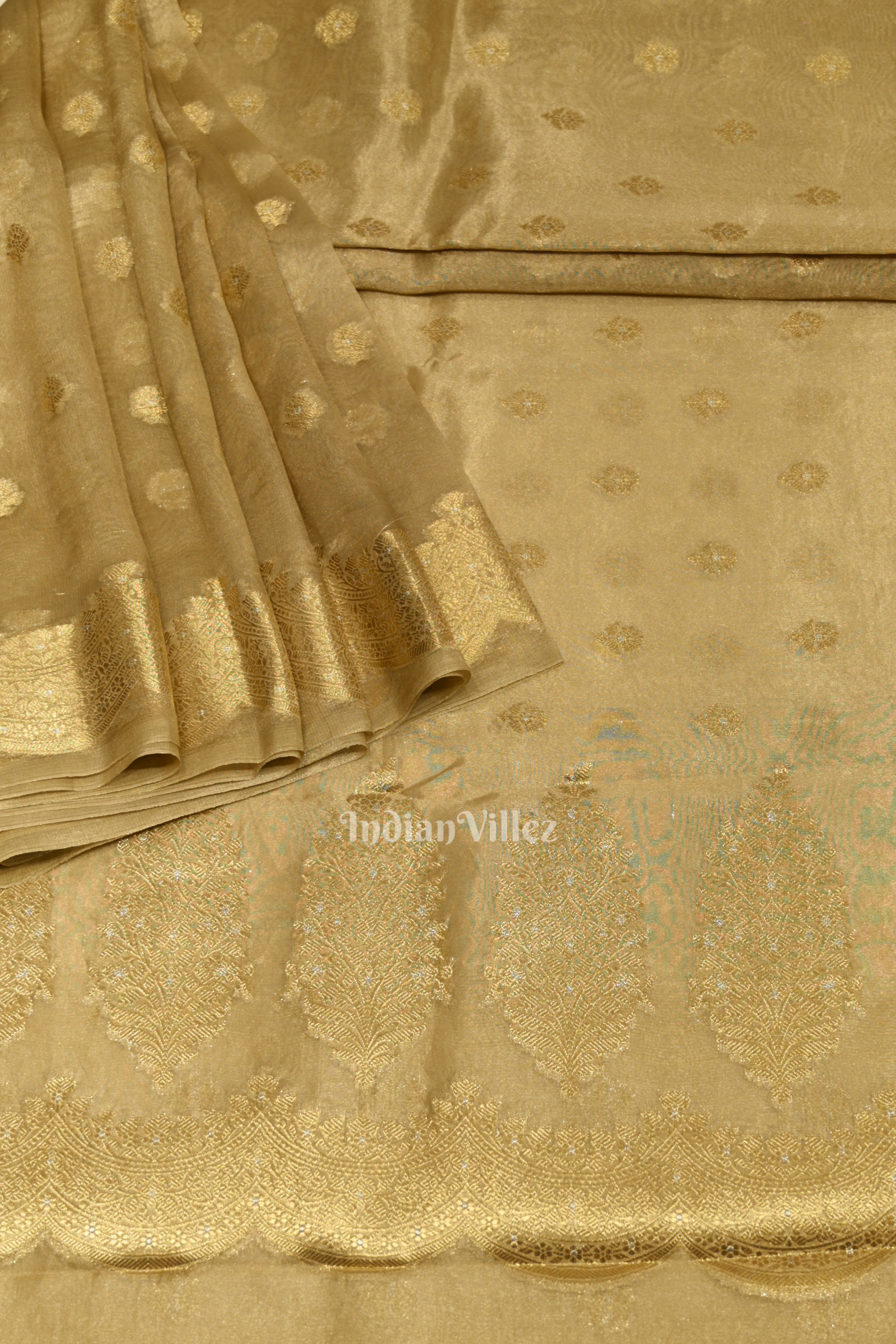 IndianVillèz Beige Zari Woven Tissue Banarasi Saree