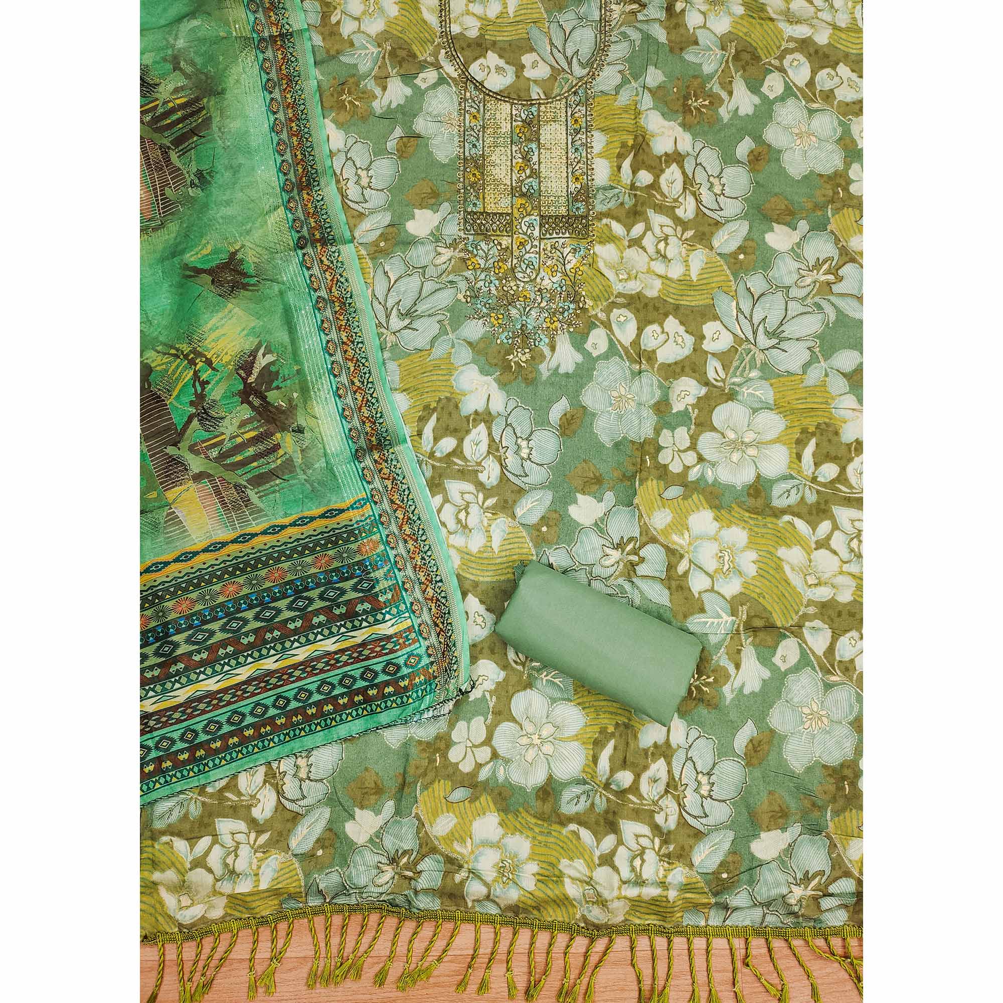 BlackTree green-floral-foil-printed-with-embroidery-modal-cotton-silk-dress-material - view 4