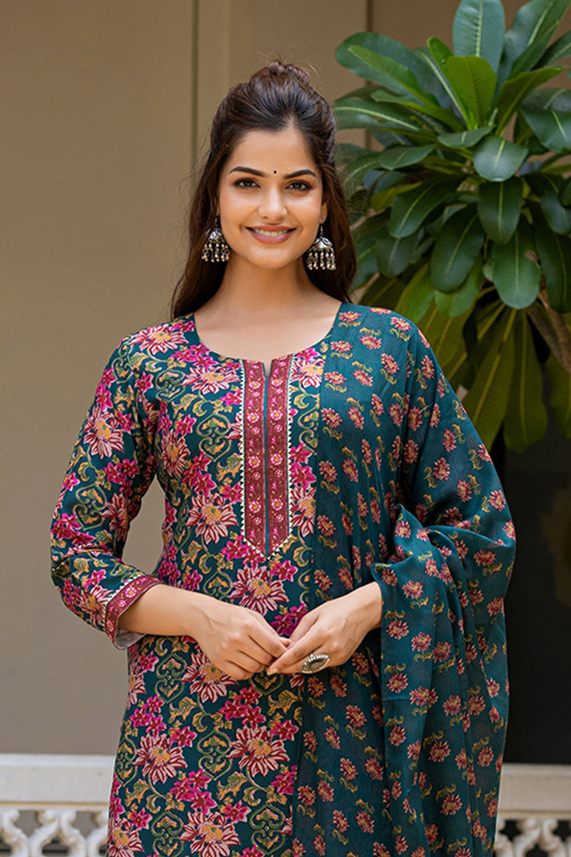Ahika Green Rayon Blend Floral Printed Straight Suit Set With Trouser Bottom VKSKD2283