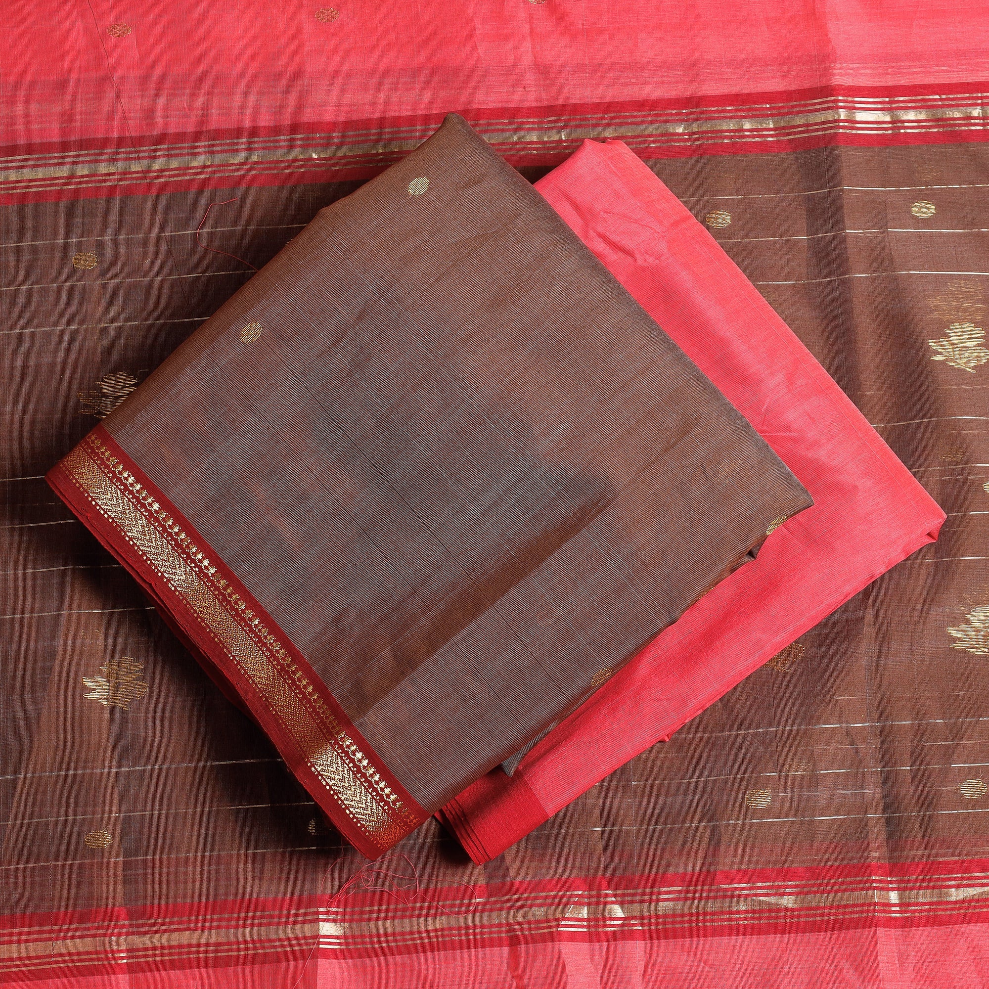 CHANDERI BY RAUPH KHAN Brown - 3pc Handloom Chanderi Silk Zari Buti Suit Material Set - view 2