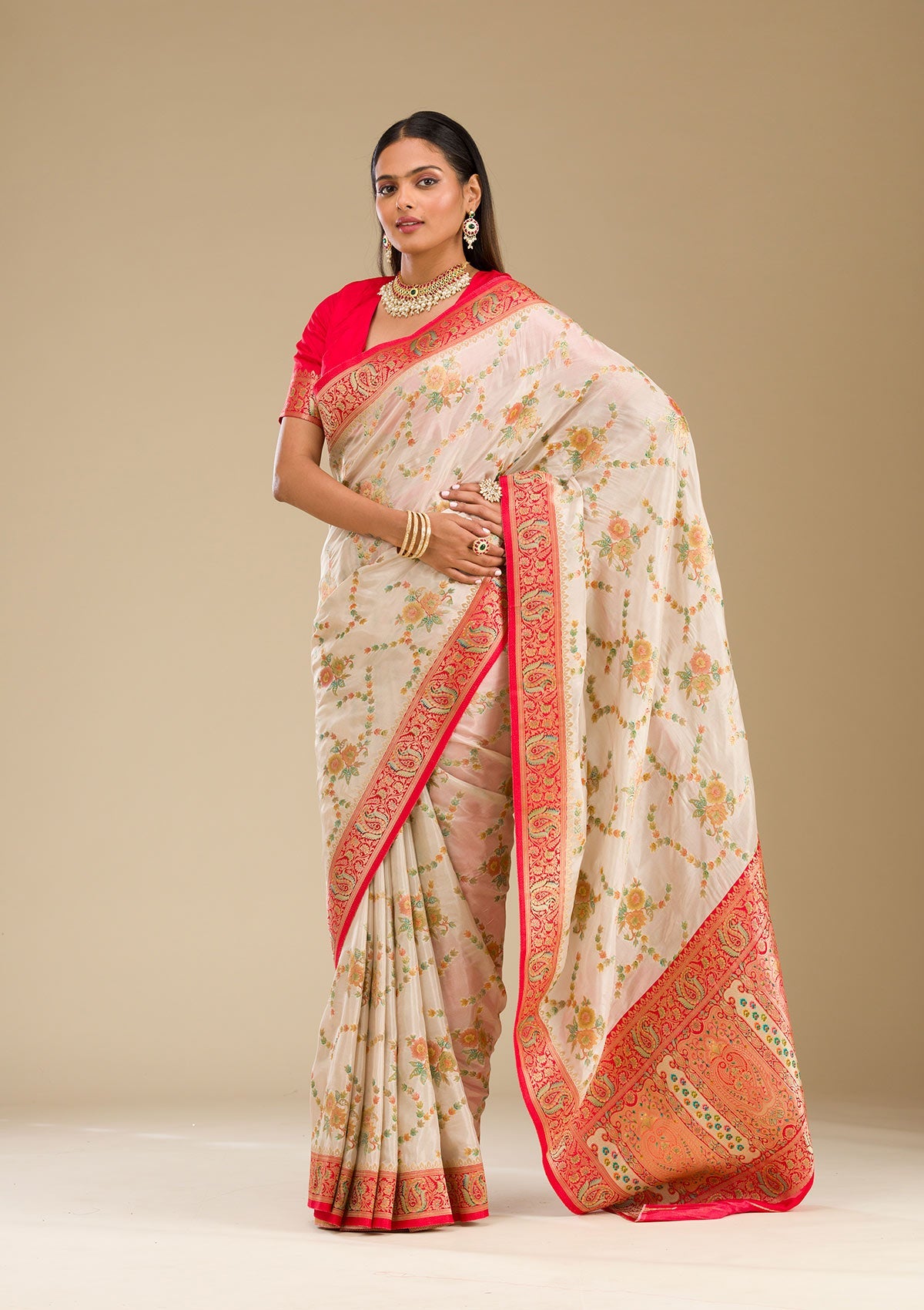 Koskii Beige Zariwork Banarasi Silk Saree – Women's - view 6