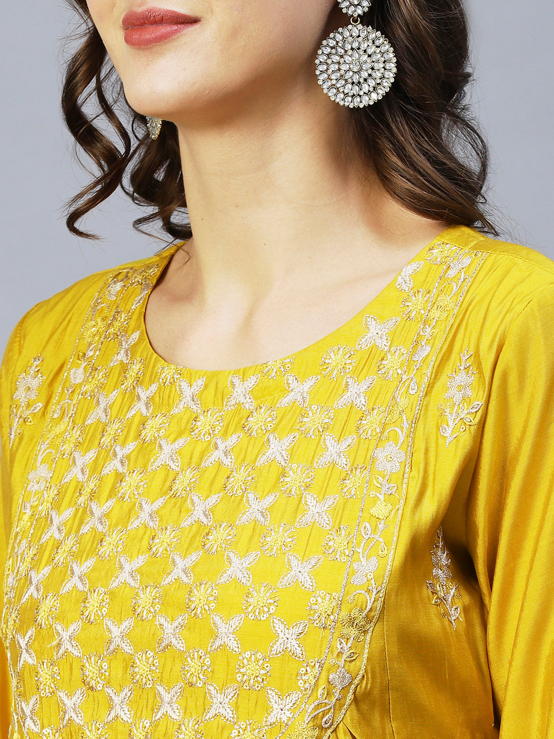 Fashor Ethnic Embroidered A-Line Kurta with Pant & Dupatta - Yellow - view 6
