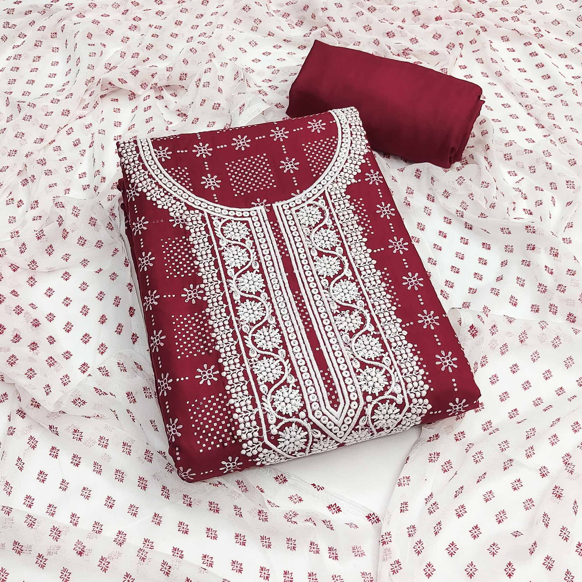 Peachmode Maroon Printed Rayon Dress Material