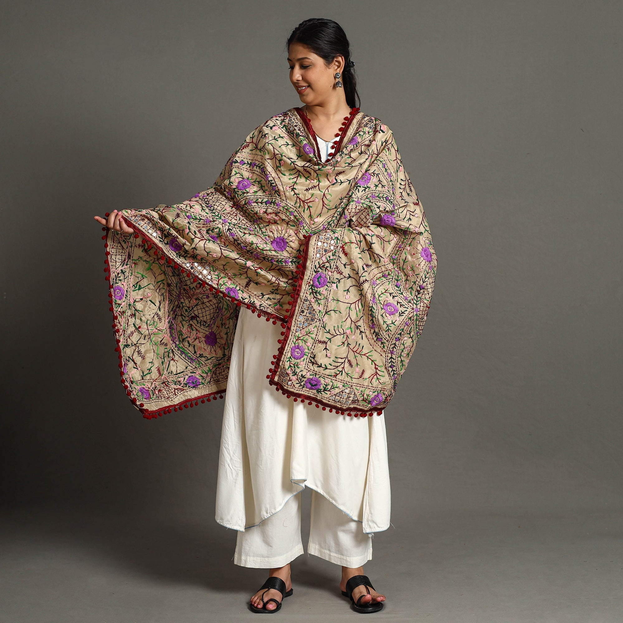 ITOKRI CRAFTS INITIATIVE Beige - Ranihati Chanderi Silk Chapa Work Phulkari Embroidered Dupatta with Pom Pom 66 - view 2