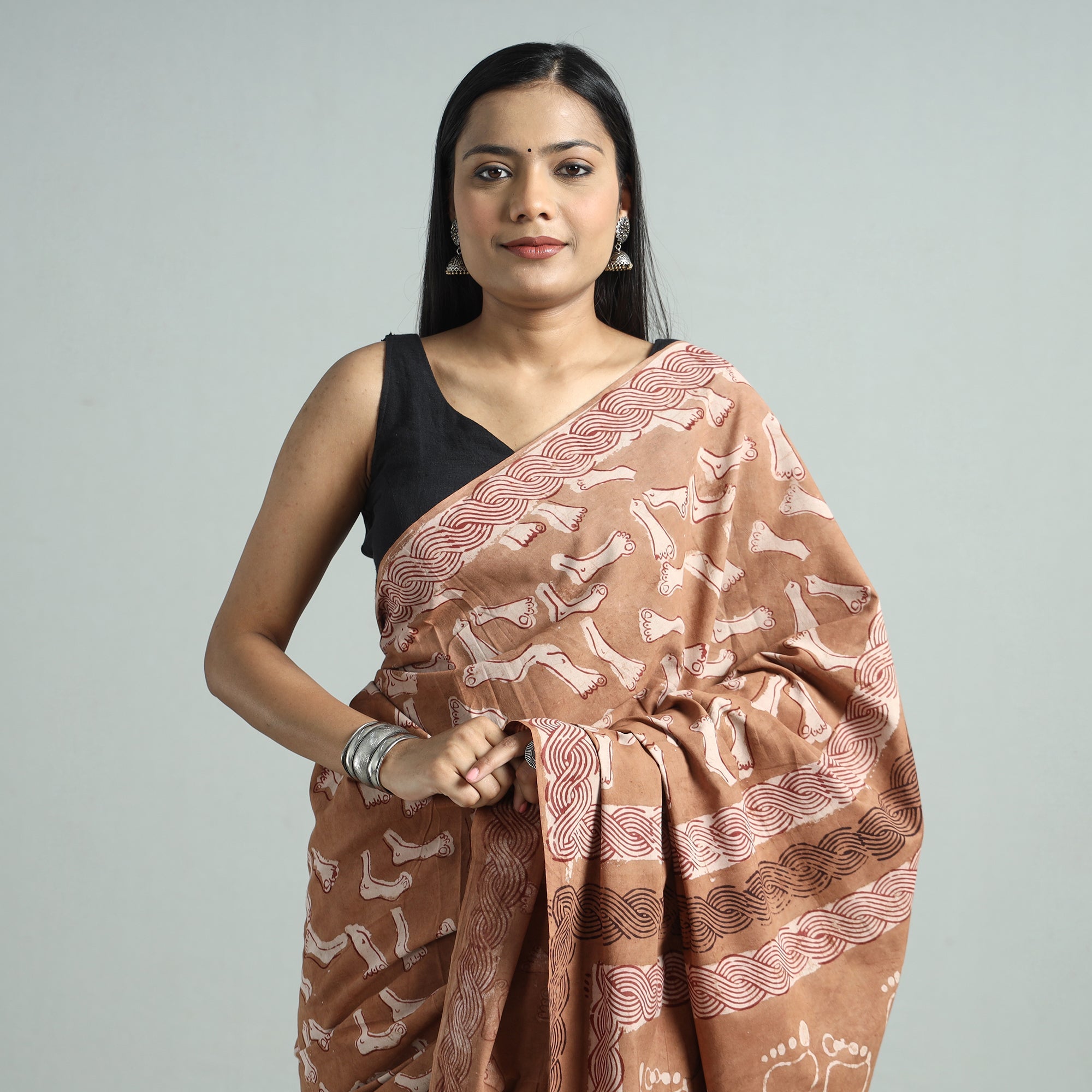 BINDAAS UNLIMITED Brown - Bindaas Art Block Printed Natural Dyed Cotton Saree 36 - view 3