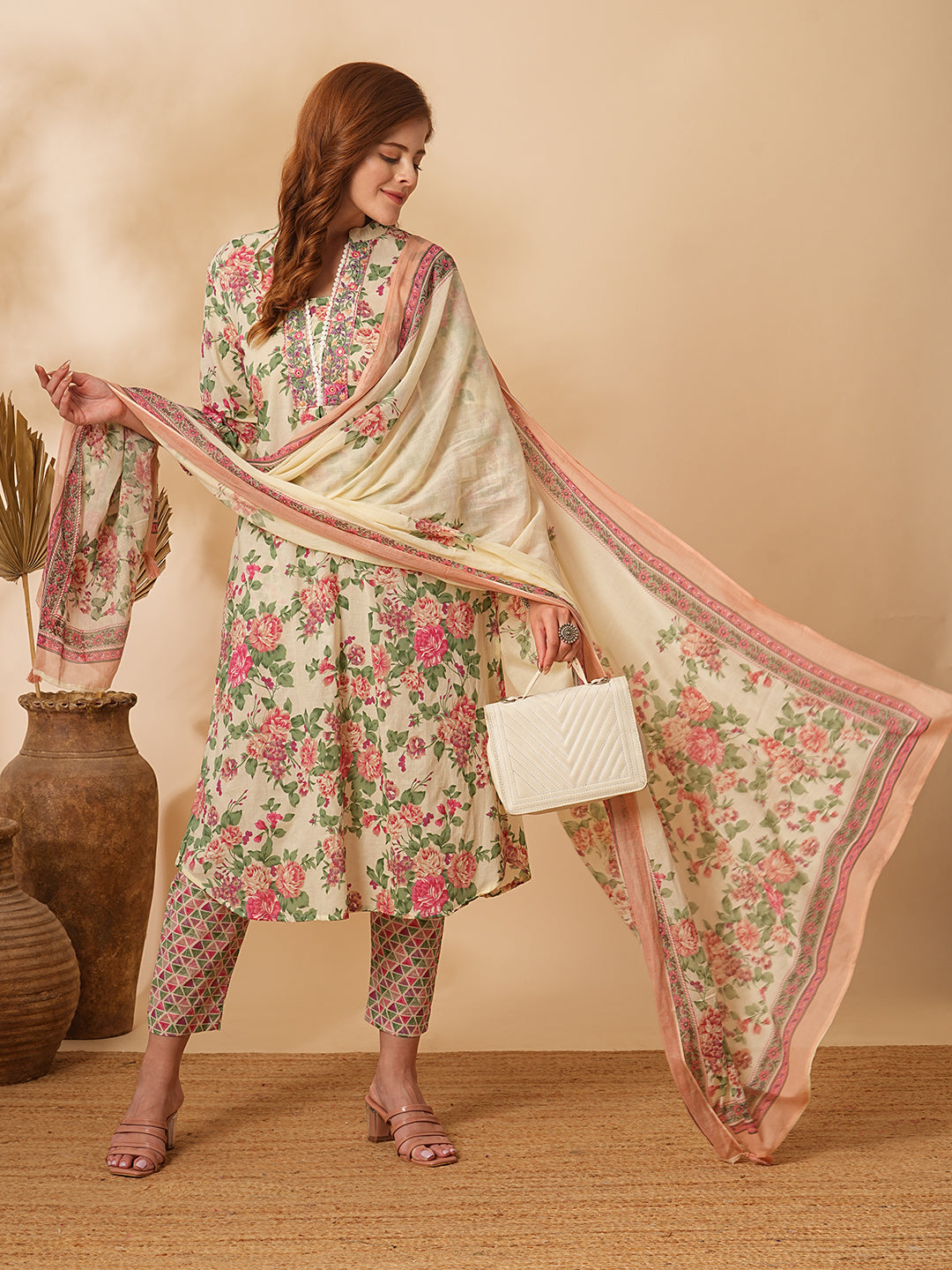 Fashor Floral Printed & Embroidered A-Line Kurta with Pant & Dupatta - Cream