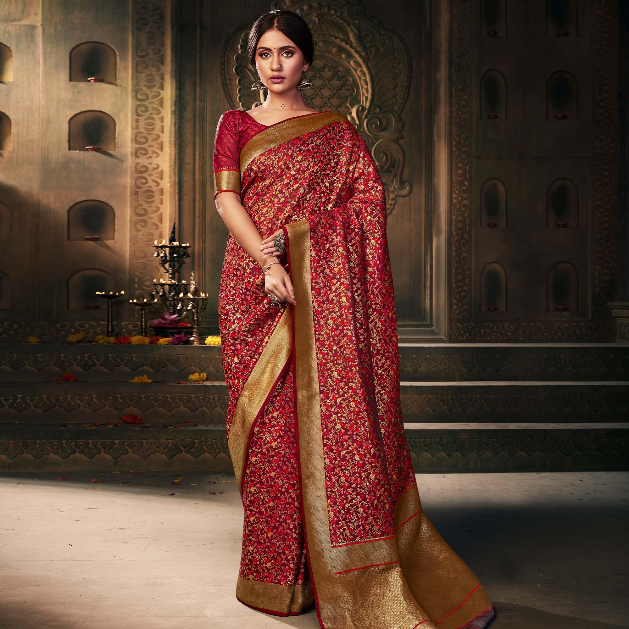 Peachmode Flattering Maroon Colored Festive Wear Woven Banarasi Silk Saree