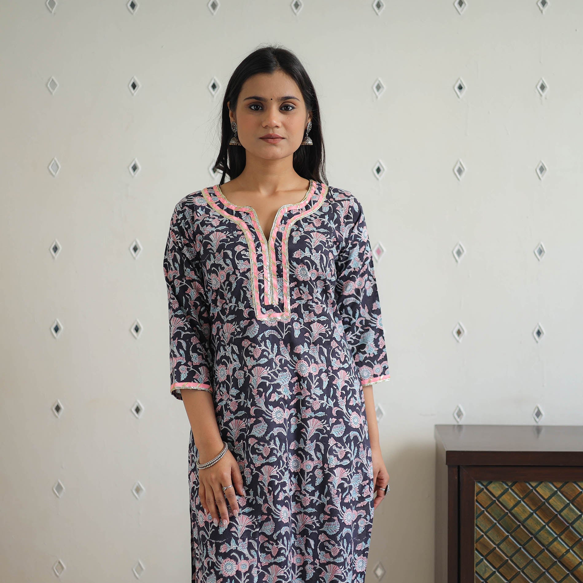 ITOKRI CASUALS Black -Block Printed Cotton Gota Work Long Sanganeri Kurta 03