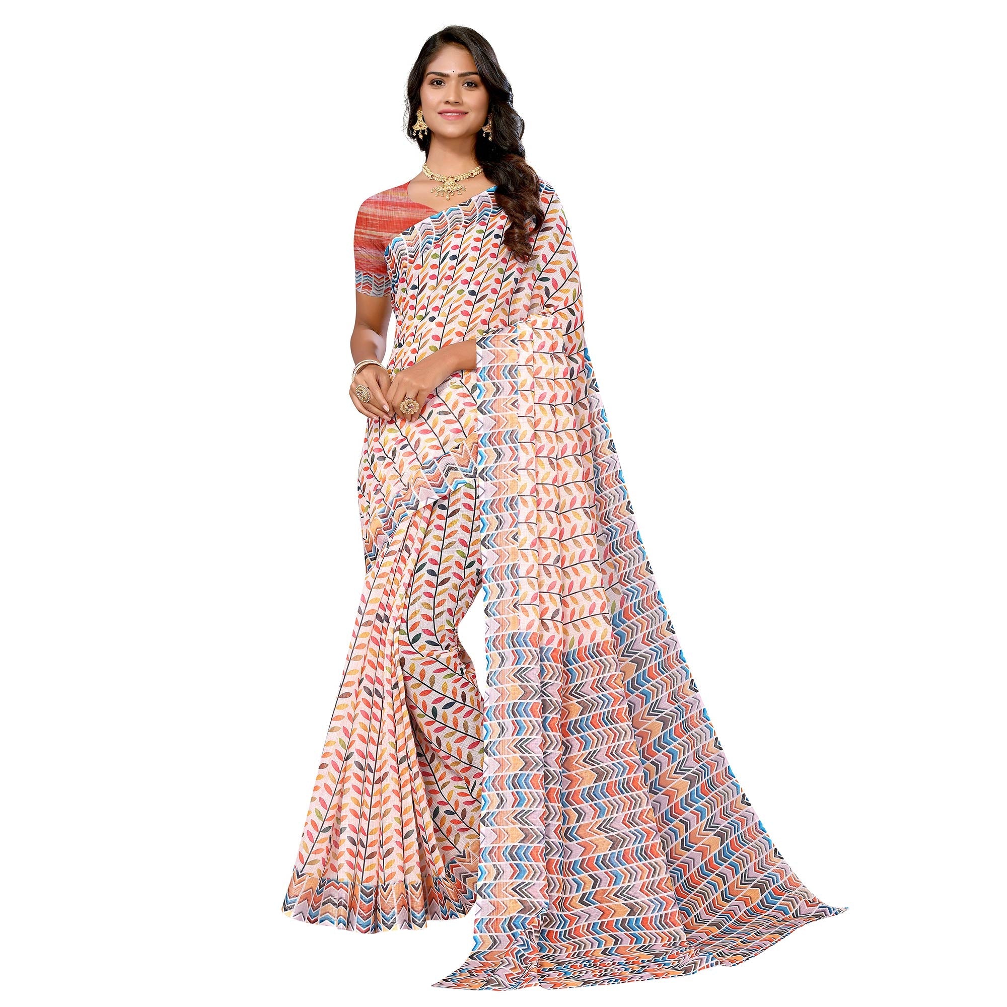 Peachmode Cream & Multicolor Digital Floral Printed Linen Saree