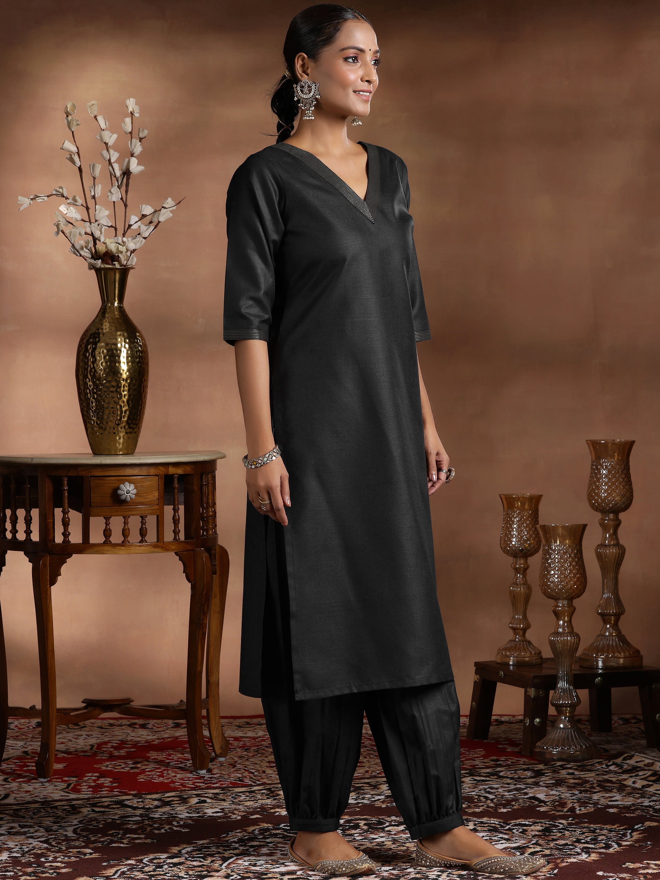 Libas Black Solid Silk Blend Straight Suit With Dupatta - view 2