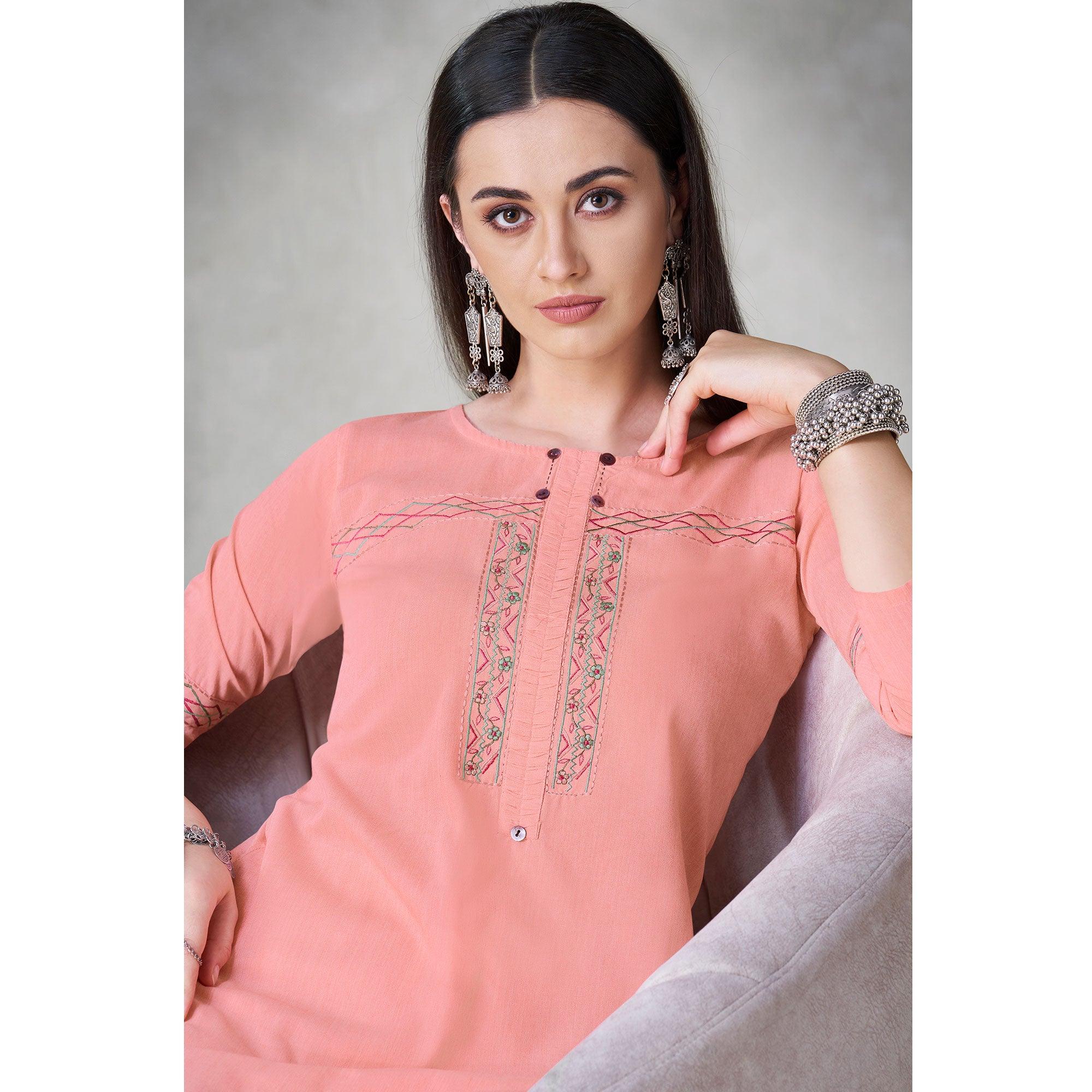 Peachmode Seller Glorious Peach Colored Partywear Embroidered Viscose Kurti - view 4