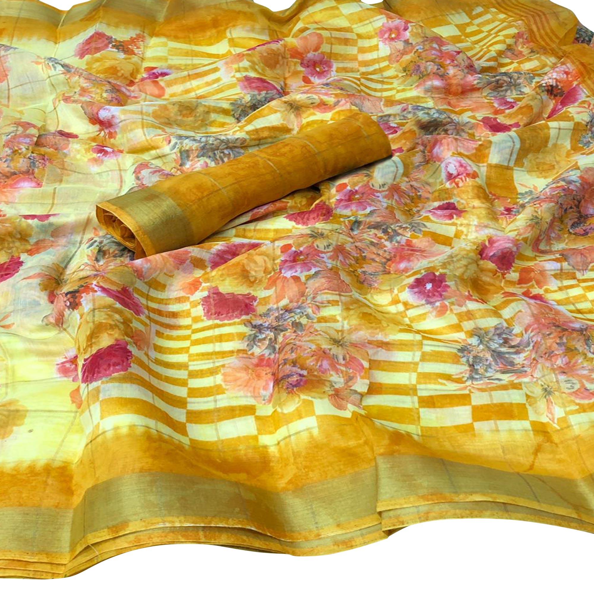 Peachmode Imposing Yellow Colored Casual Floral Printed Cotton Saree