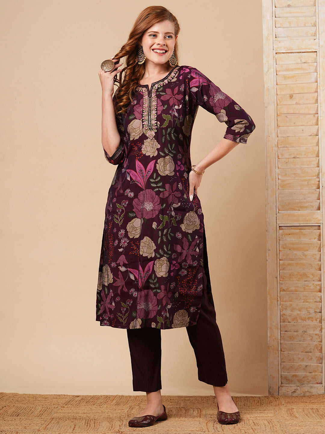 FASHOR Floral Printed & Embroidered Straight Fit Kurta with Pant - Burgundy