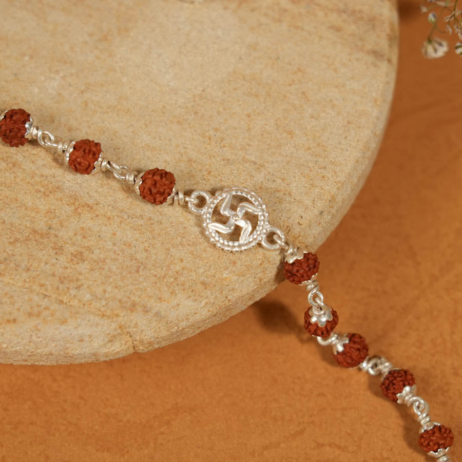 Prinjal Jewellers Rudraksha Silver Bracelet with Om Single Line for Kids