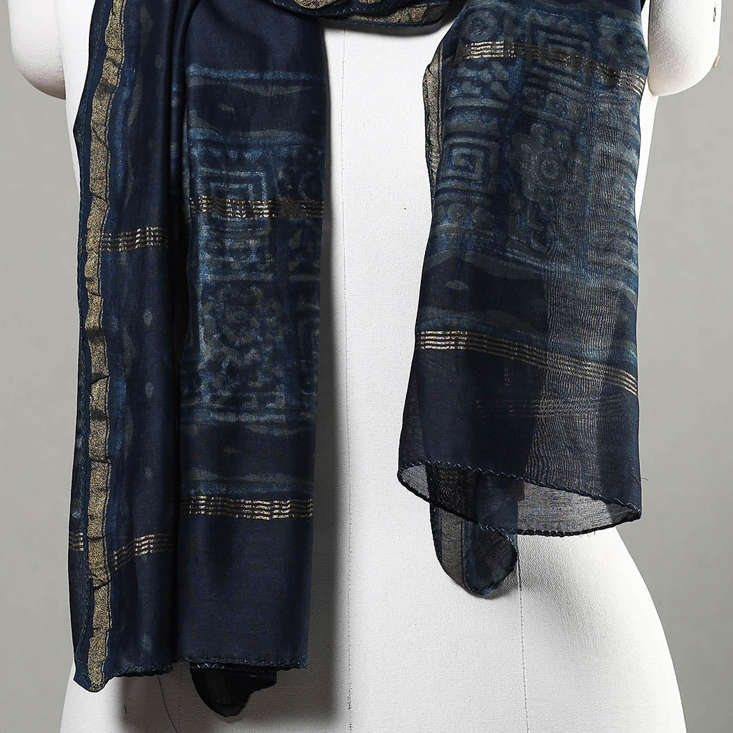 HAVELI CHRONICLES Blue - Akola Block Printed Chanderi Silk Handloom Stole with Zari Border - view 3