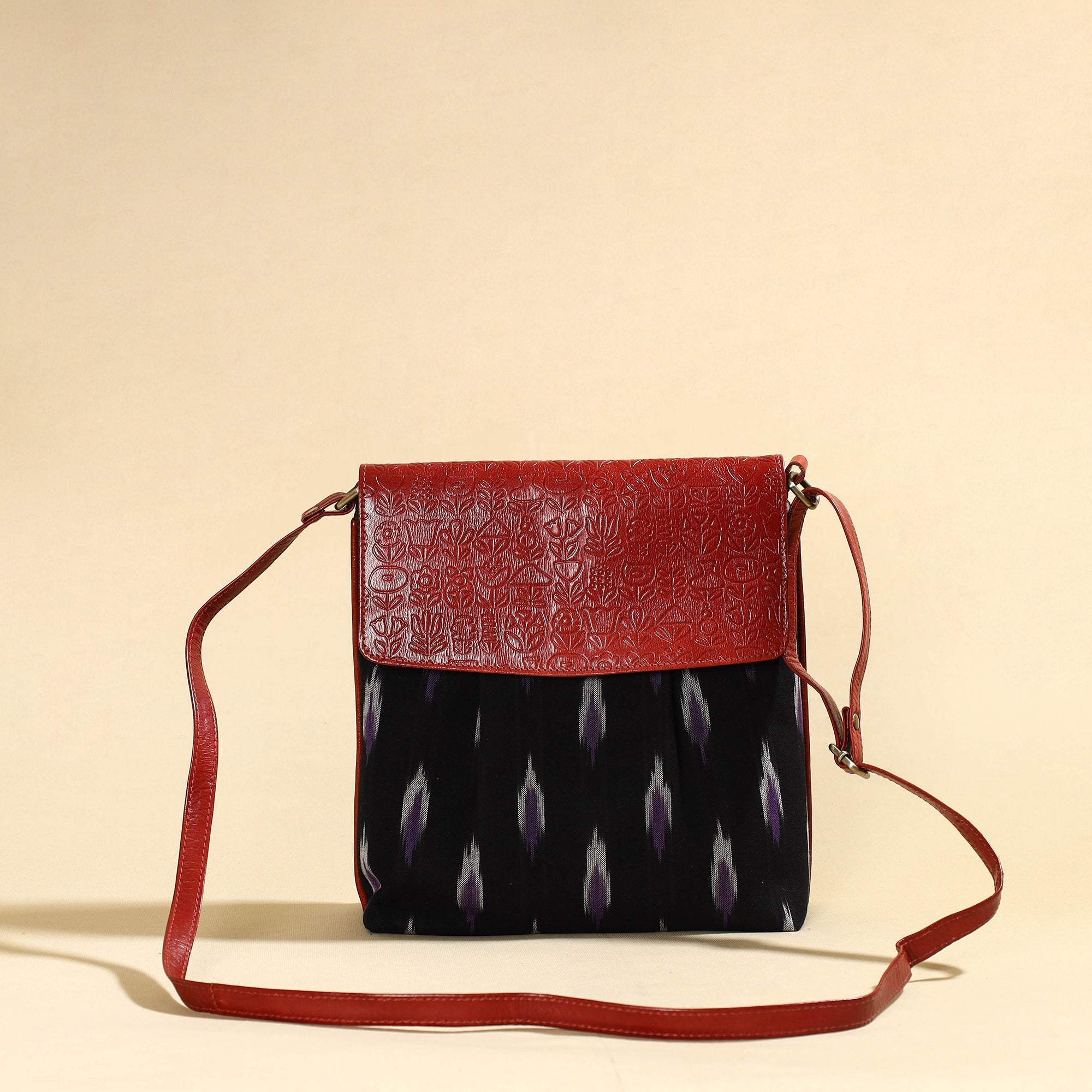 ASALKAAR Black - Handcrafted Ikat Fabric Sling Bag with Embossed Leather Flap - view 2