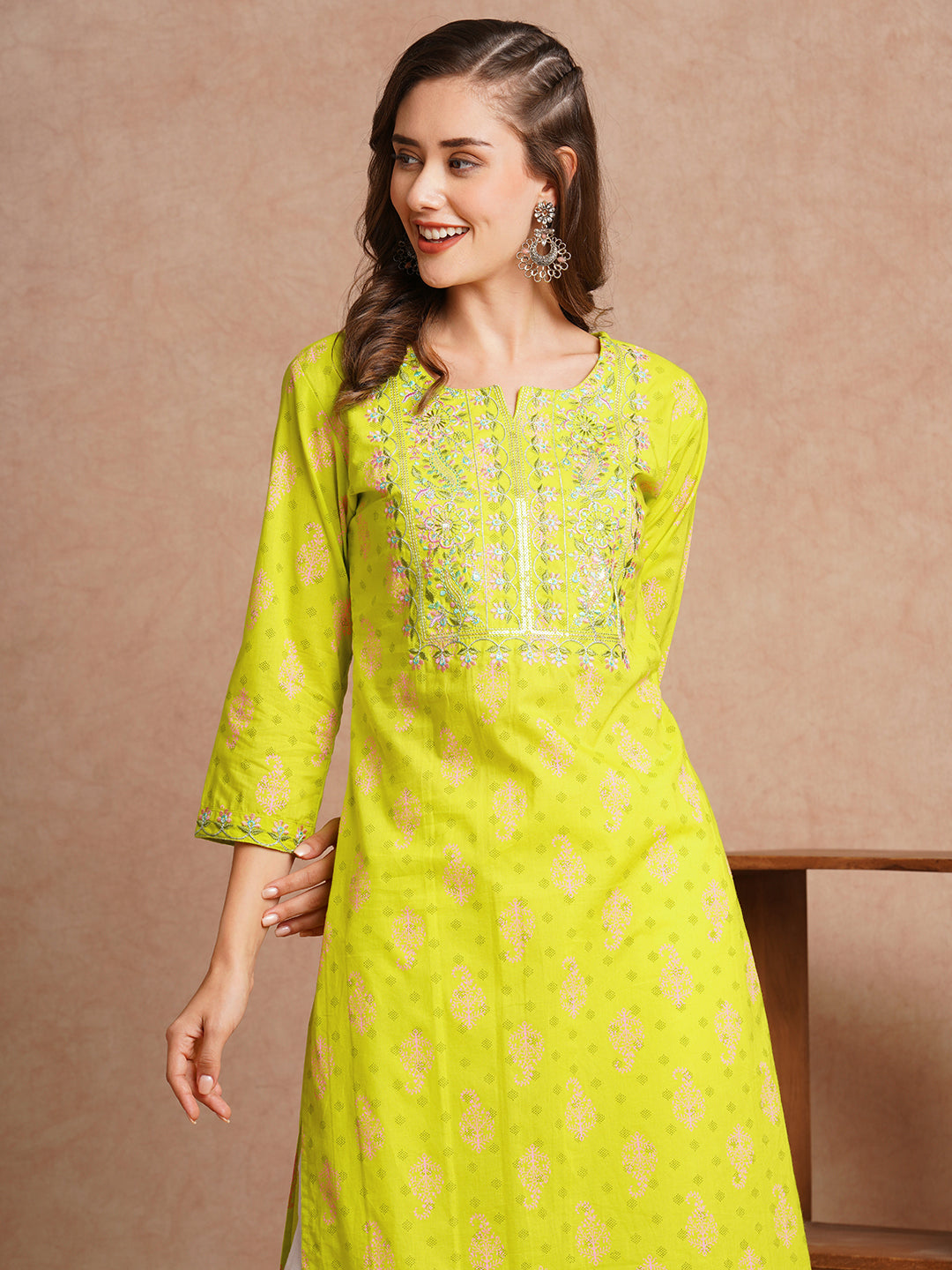 FASHOR Ethnic Floral Printed & Embroidered Straight Fit Kurta - Lime Green - view 2