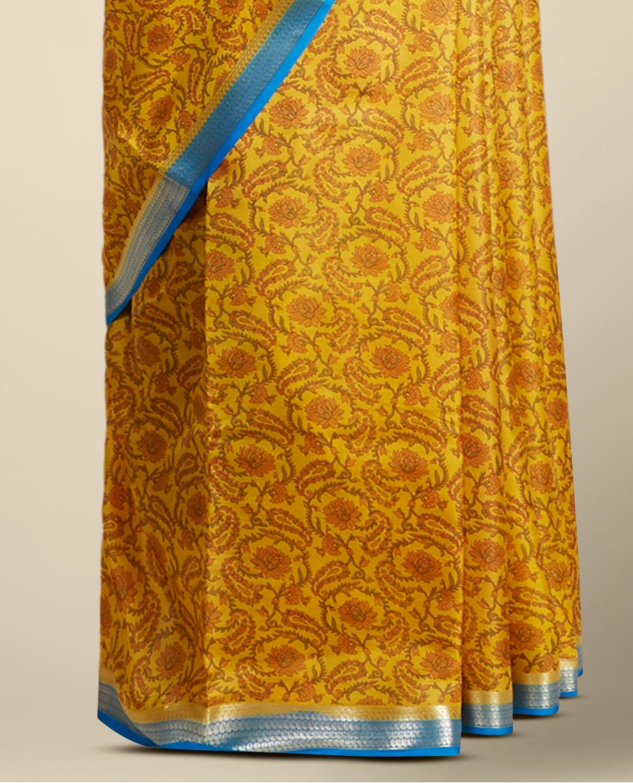 Pothys Yellow floral vine design printed silk saree with contrast striped zari border - view 3