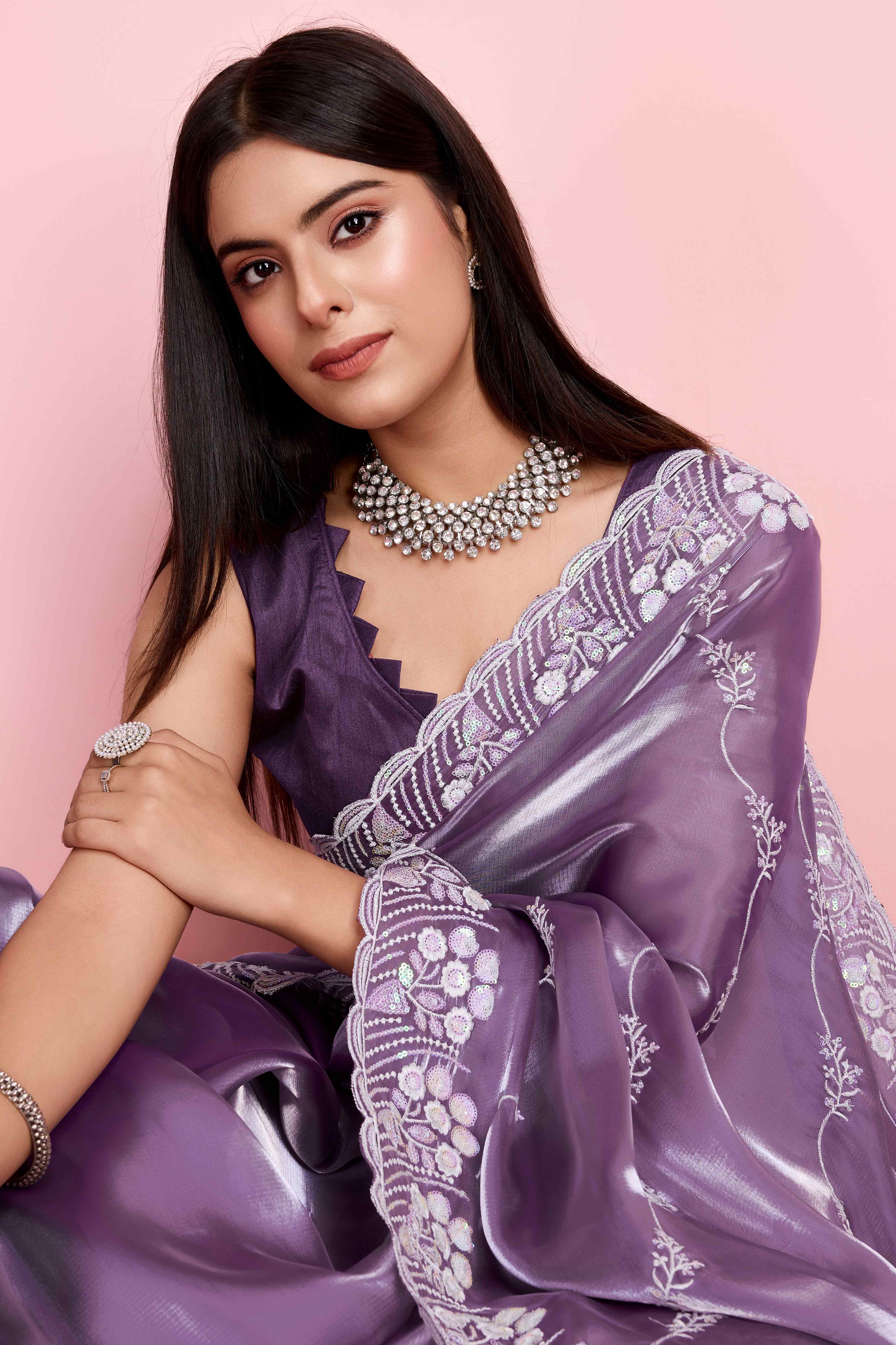 Peachmode Lavender Floral Sequins Embroidered Jimmy Choo Tissue Saree - view 6