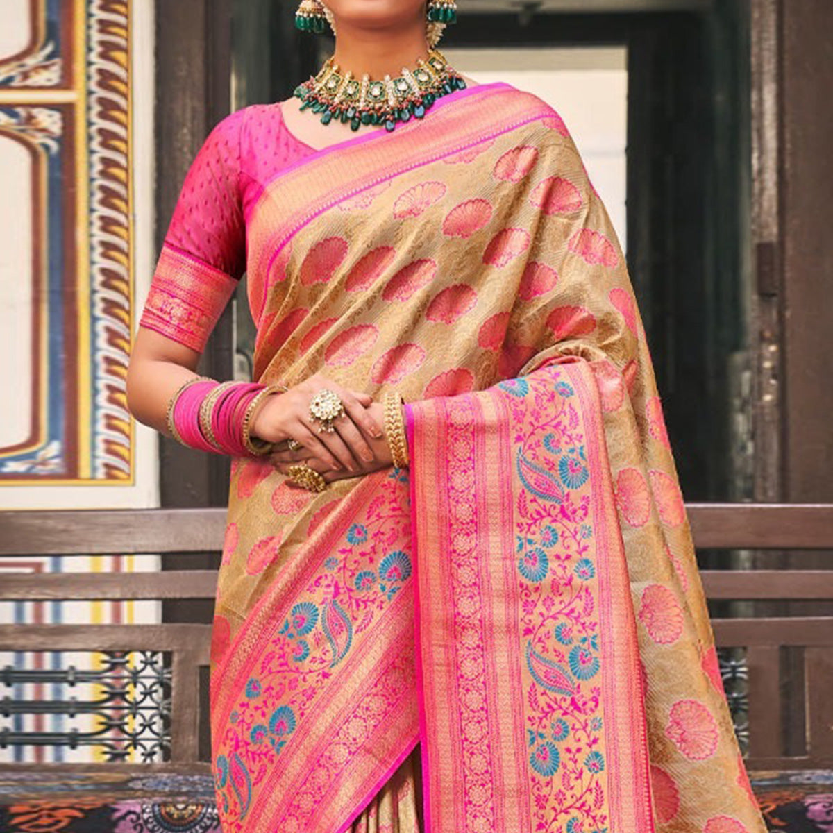 Peachmode Chikoo Woven Kanjivaram Silk Saree With Tassels - view 2