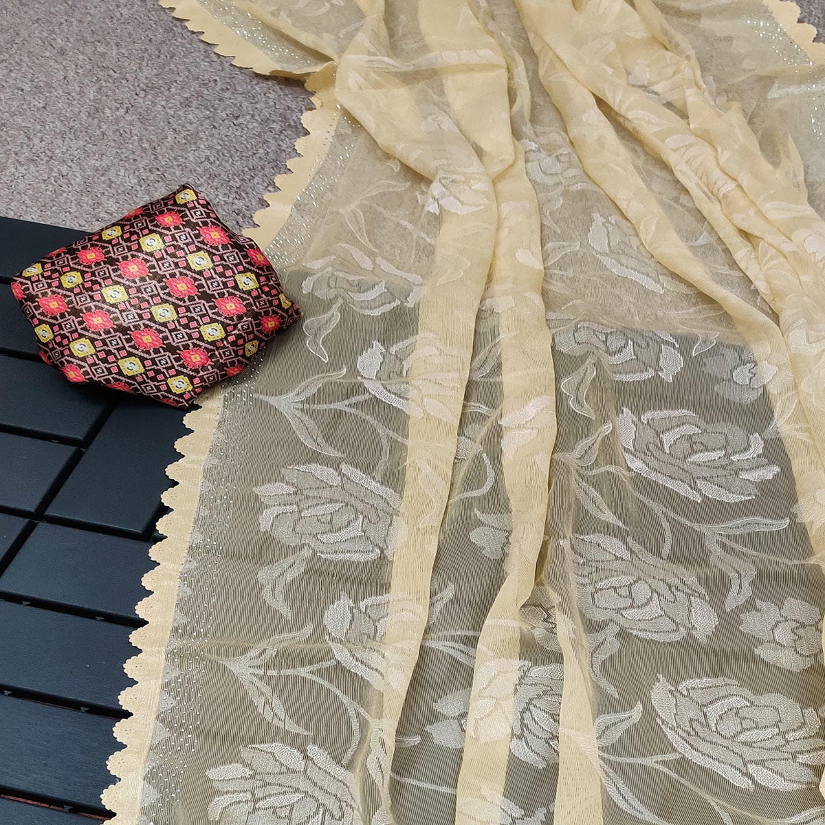 Peachmode Cream Woven With Swarovski Work Brasso Saree - view 2