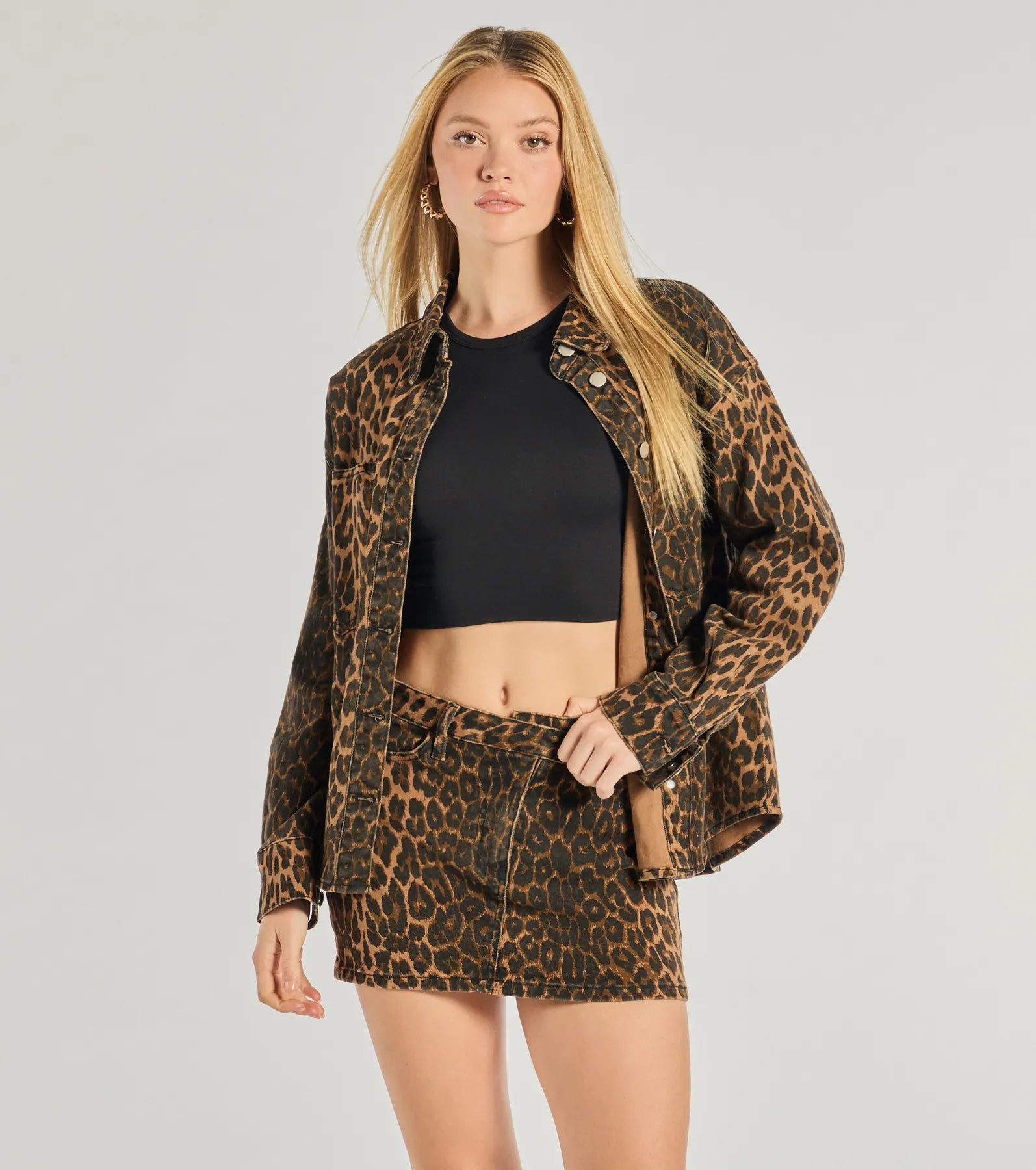 Windsor Feeling Fierce Leopard Print Denim Mini Skirt