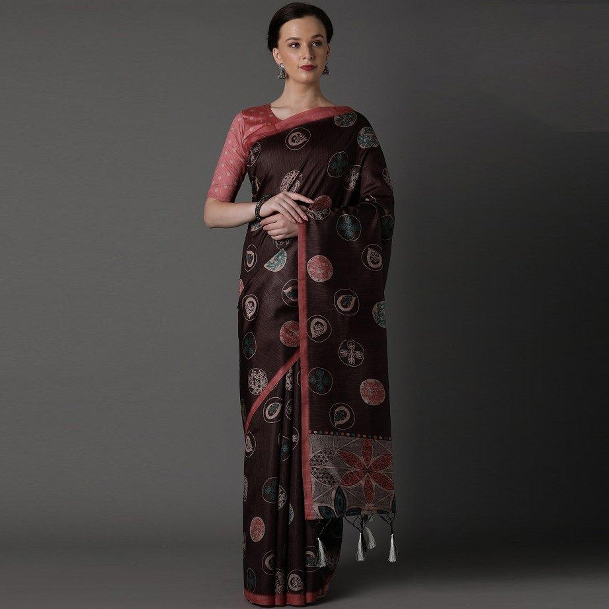 Peachmode Dark Brown Party Wear Satin Printed Saree With Unstitched Blouse