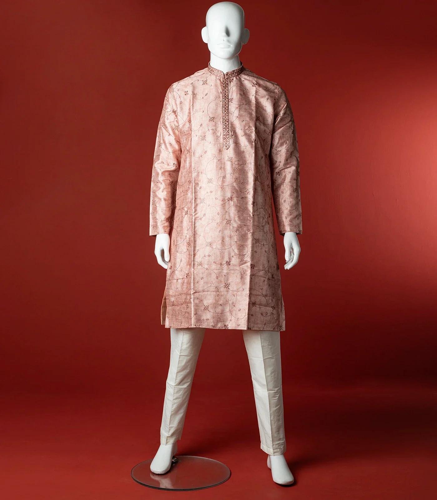 RmKV Peach Floral Embroidered Kurta With White Straight Fit Pants-Peach