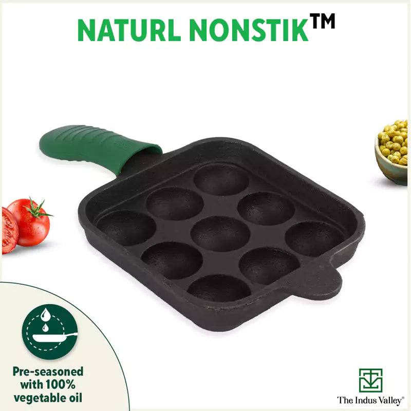 The Indus Valley 9 Pit/Cup CASTrong Cast Iron Paniyaram/Appe Pan+ Cool Silicone Grip, Pre-seasoned, Nonstick, 100% Pure, Toxin-free, 18cm, 2.4 kg - view 8