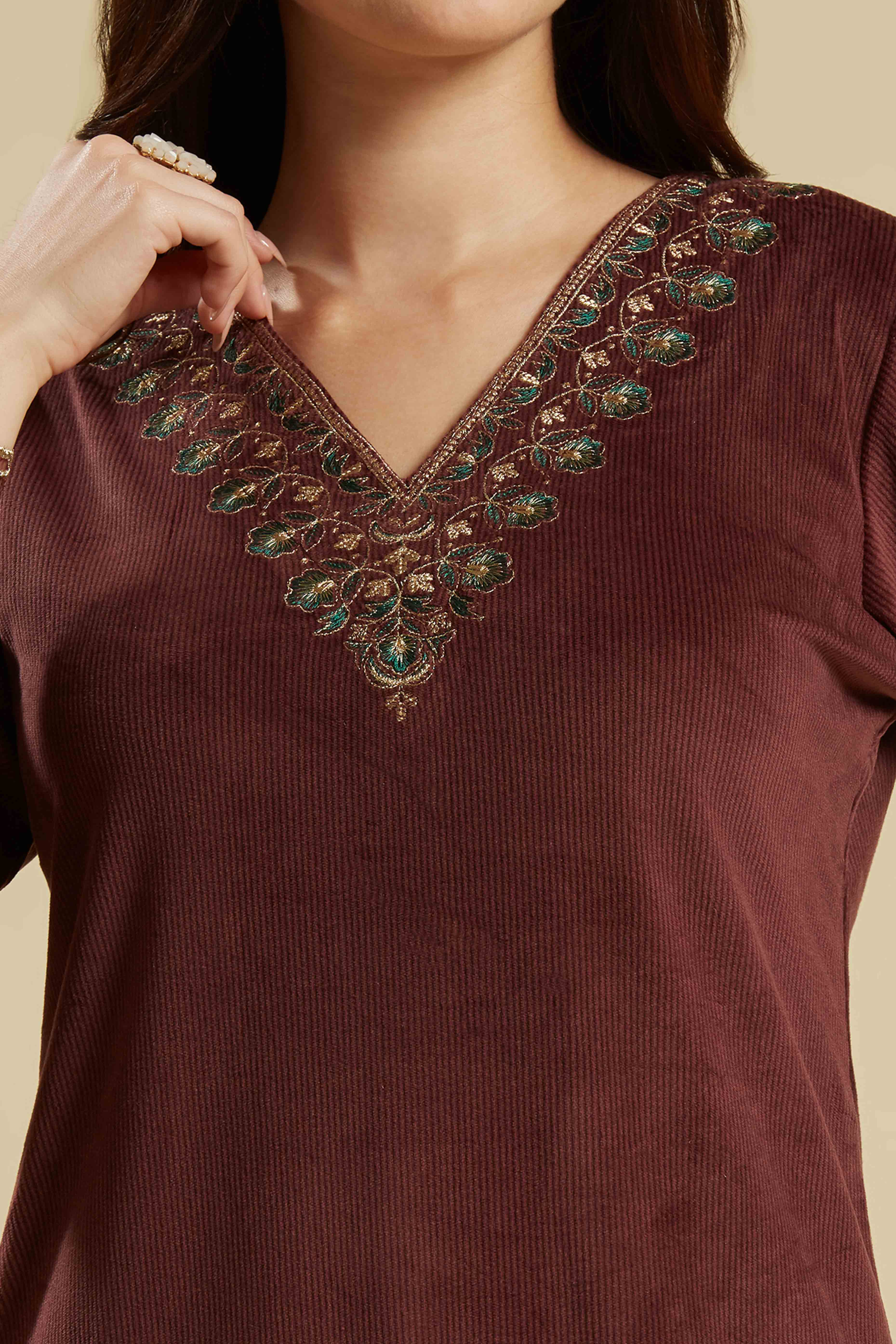 Peachmode Brown Embroidered Velvet A-Line Top Bottom Set - view 2