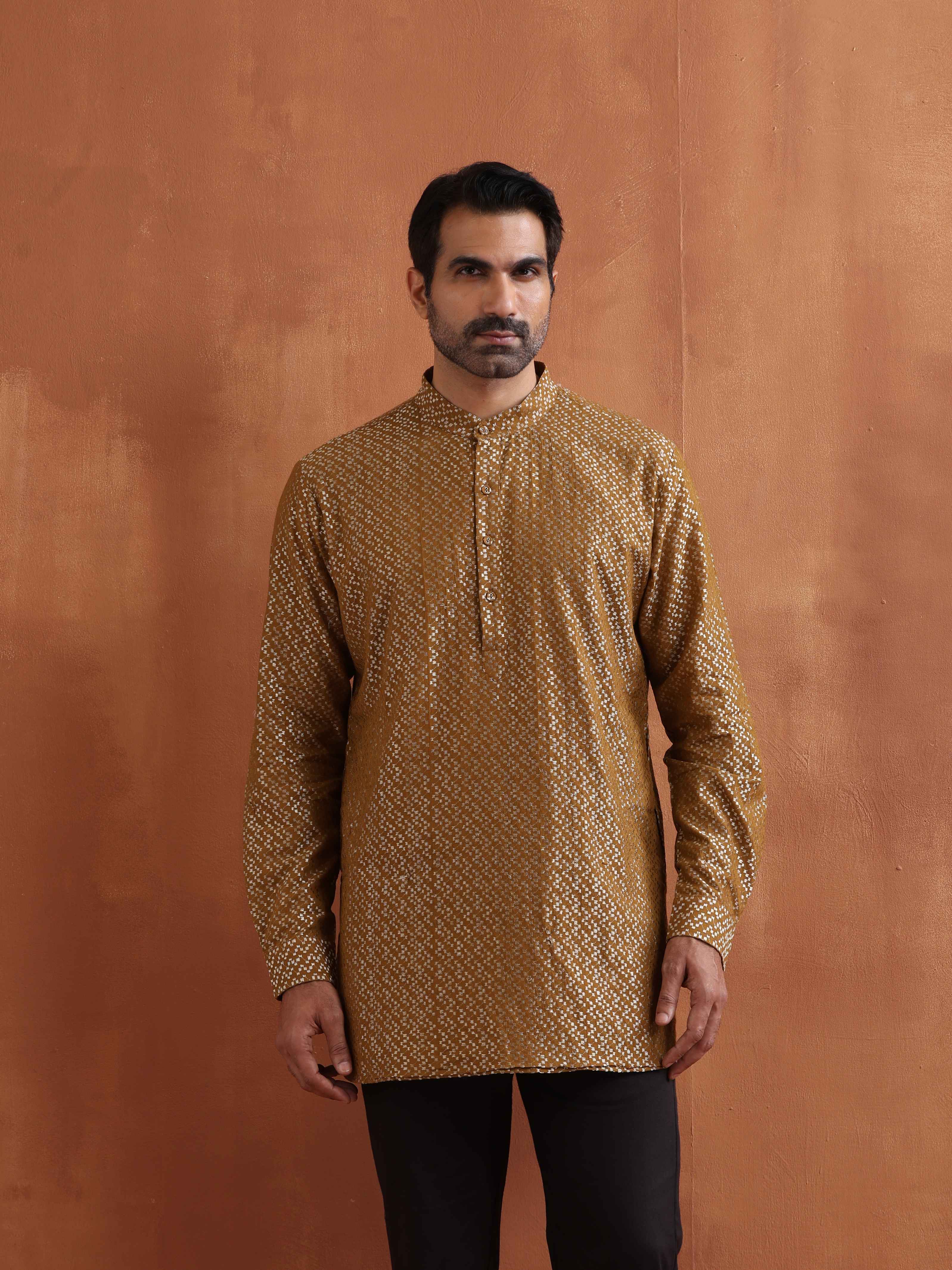 trueBrowns Men's Mustard Cotton Dobby Short Kurta - view 6