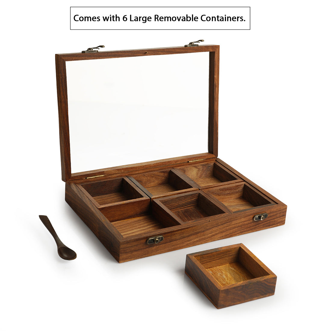EXCLUSIVELANE 'Masala Blends' Handcrafted Spice Box With Spoon In Sheesham Wood (6 Large Containers, 120 ml) - view 3