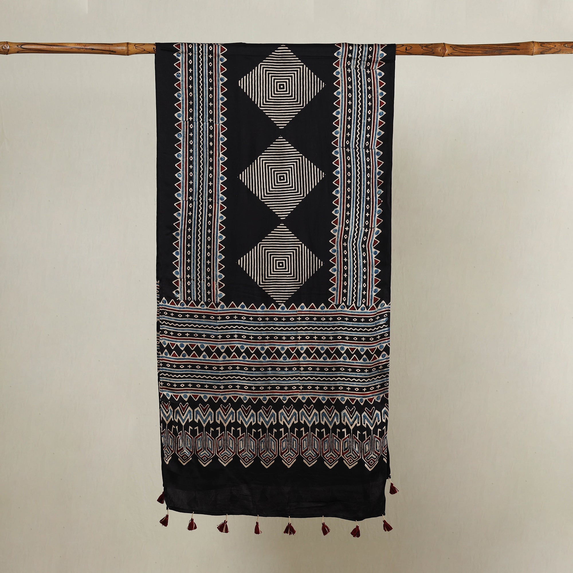 RIYAZ ABDULMAJID KHATRI - AJRAKH Black - Ajrakh Hand Block Printed Modal Silk Stole with Tassels - view 2
