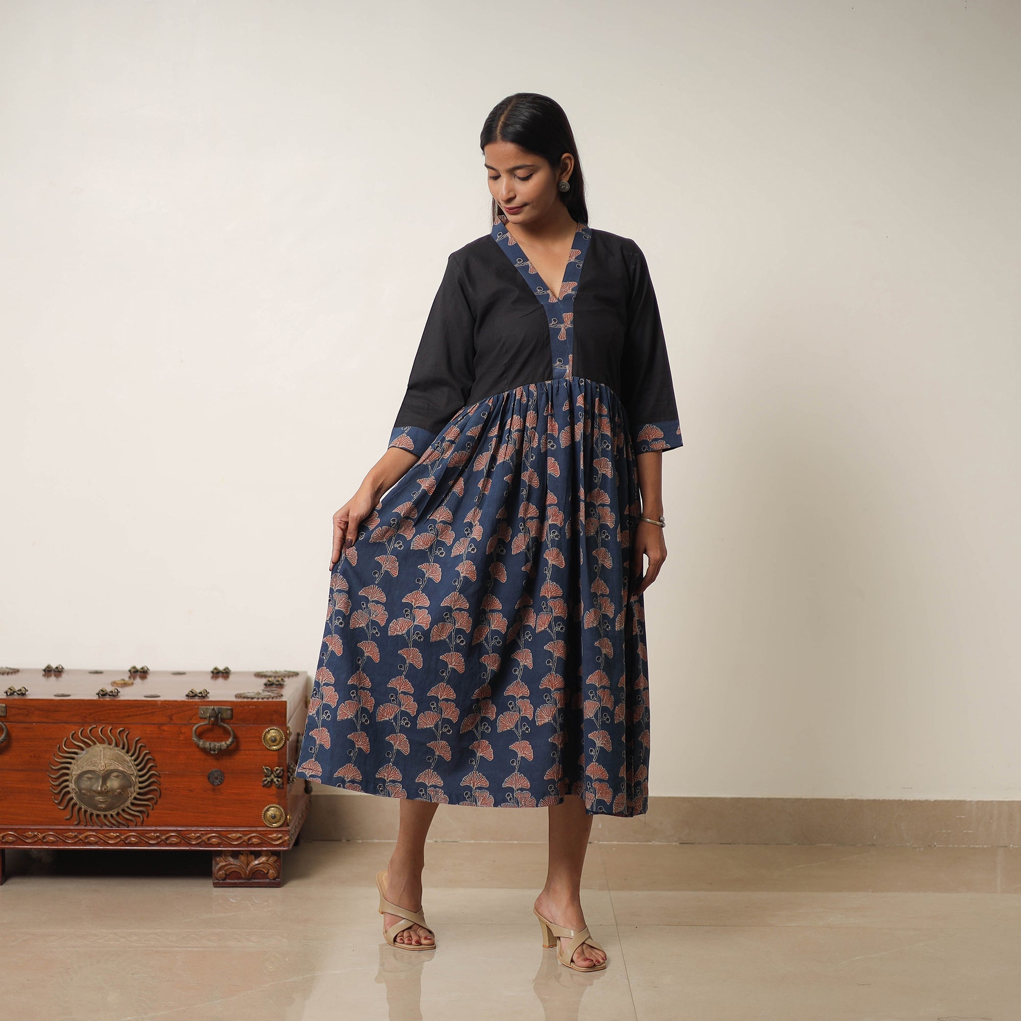 ITOKRI CASUALS Blue - Hand Block Print Cotton Flared Gher Ajrakh Dress 01 - view 3