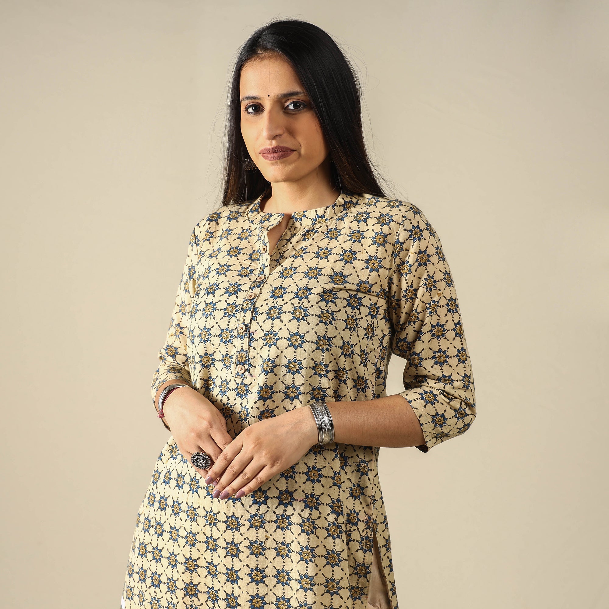 ITOKRI CASUALS Beige - Ajrakh Block Printed Cotton Long Kurta
