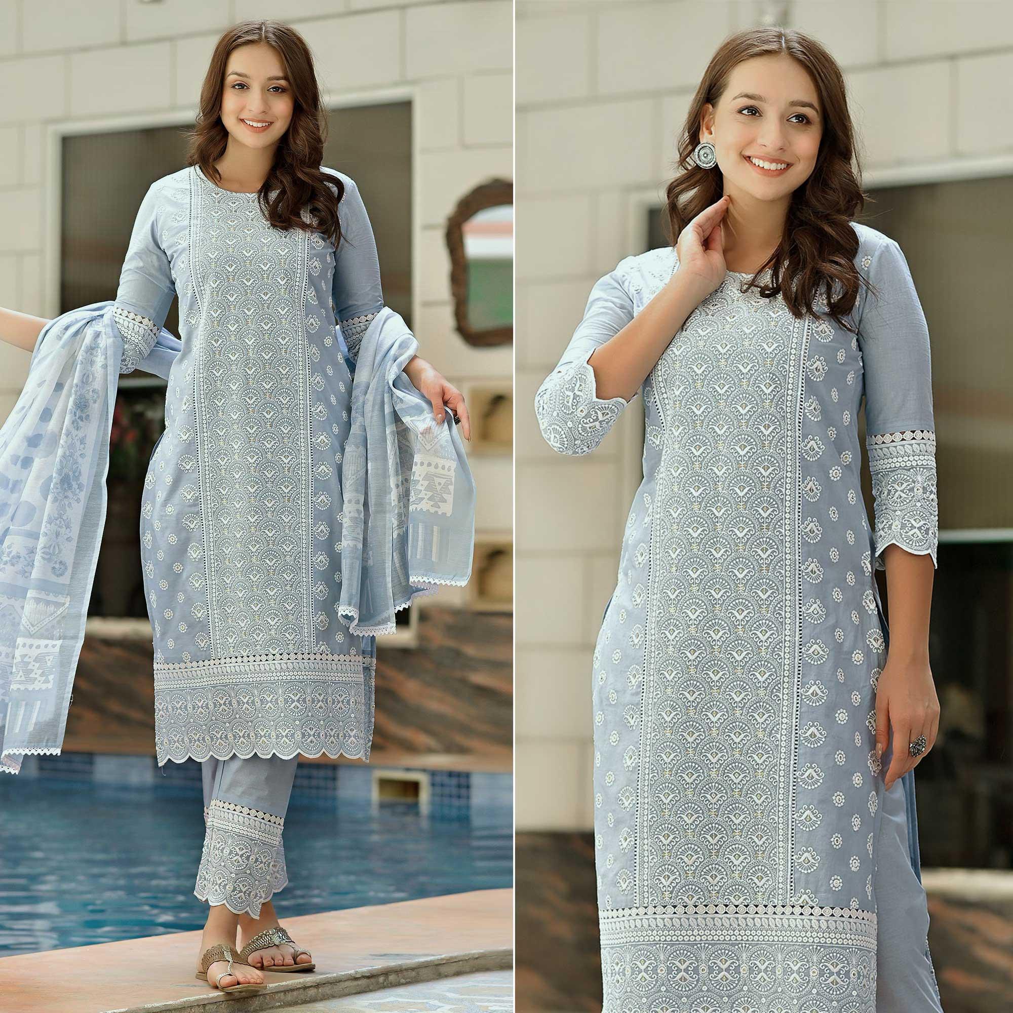 Peachmode Light Blue Lucknowi Embroidered Pure Cotton Kurti Pant Set with Dupatta