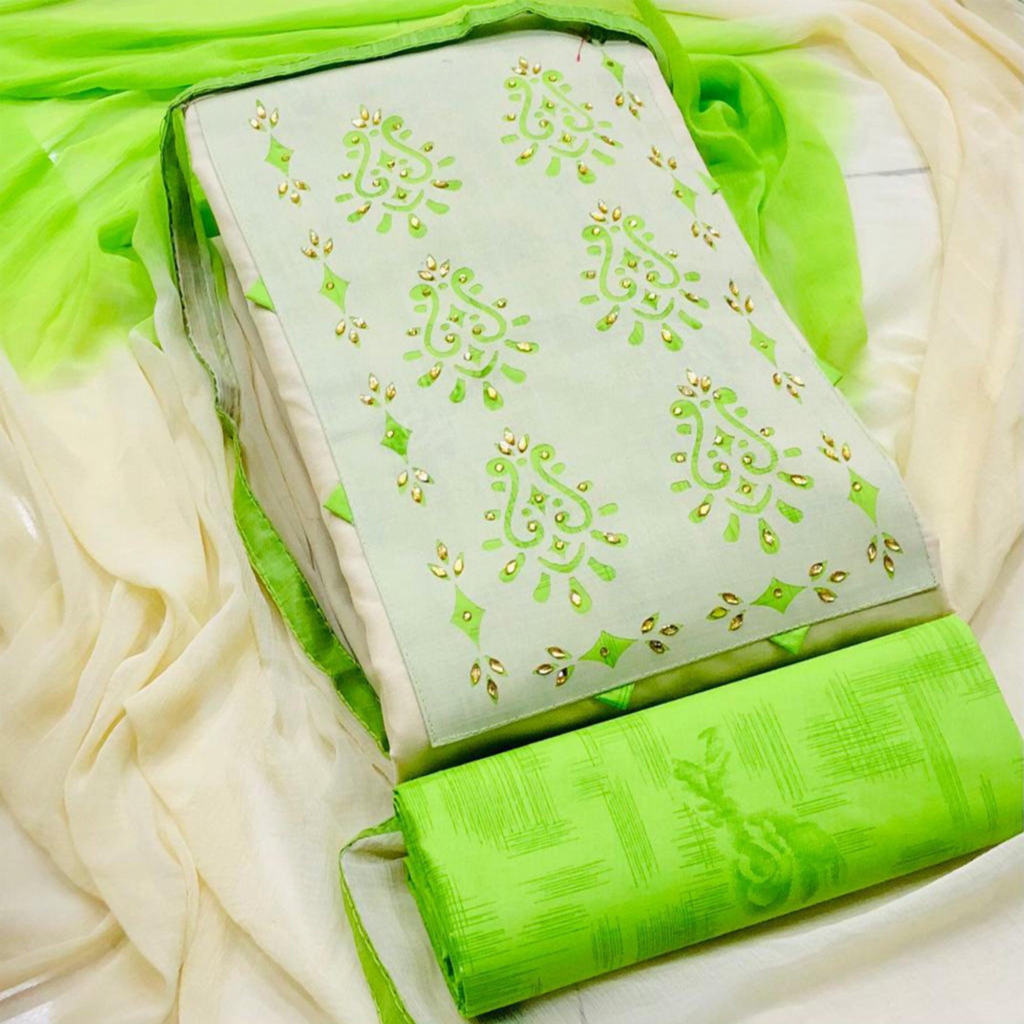 Peachmode Flattering Cream - Green Colored Casual Wear Printed Cotton Dress Material