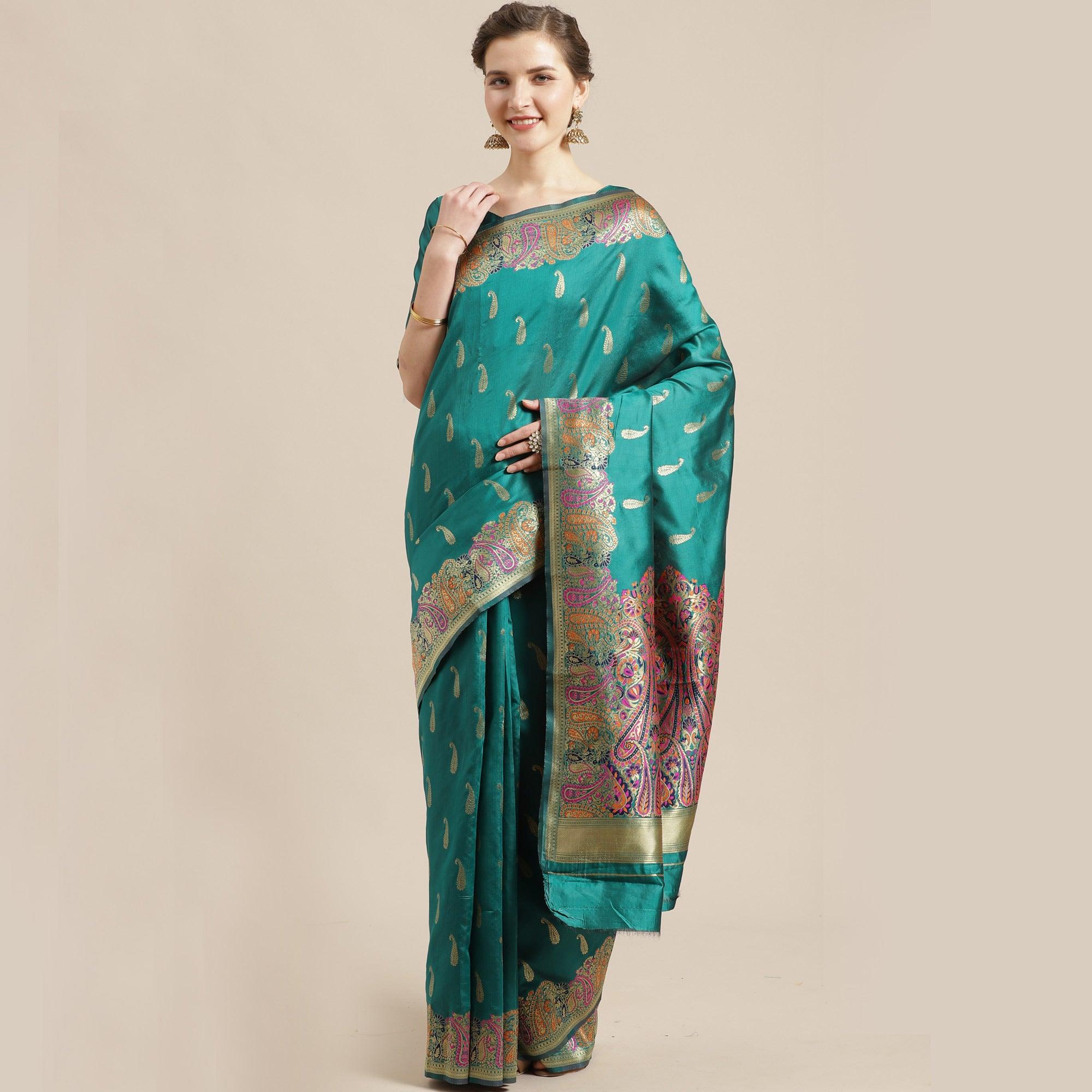 Peachmode Jazzy Green Colored Festive Wear Woven Silk Blend Saree