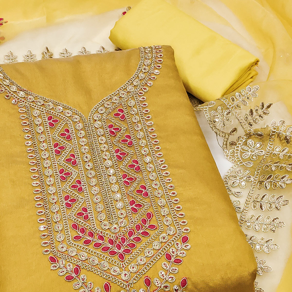 Peachmode Mustard Sequins Embroidered Chanderi Silk Dress Material - view 2
