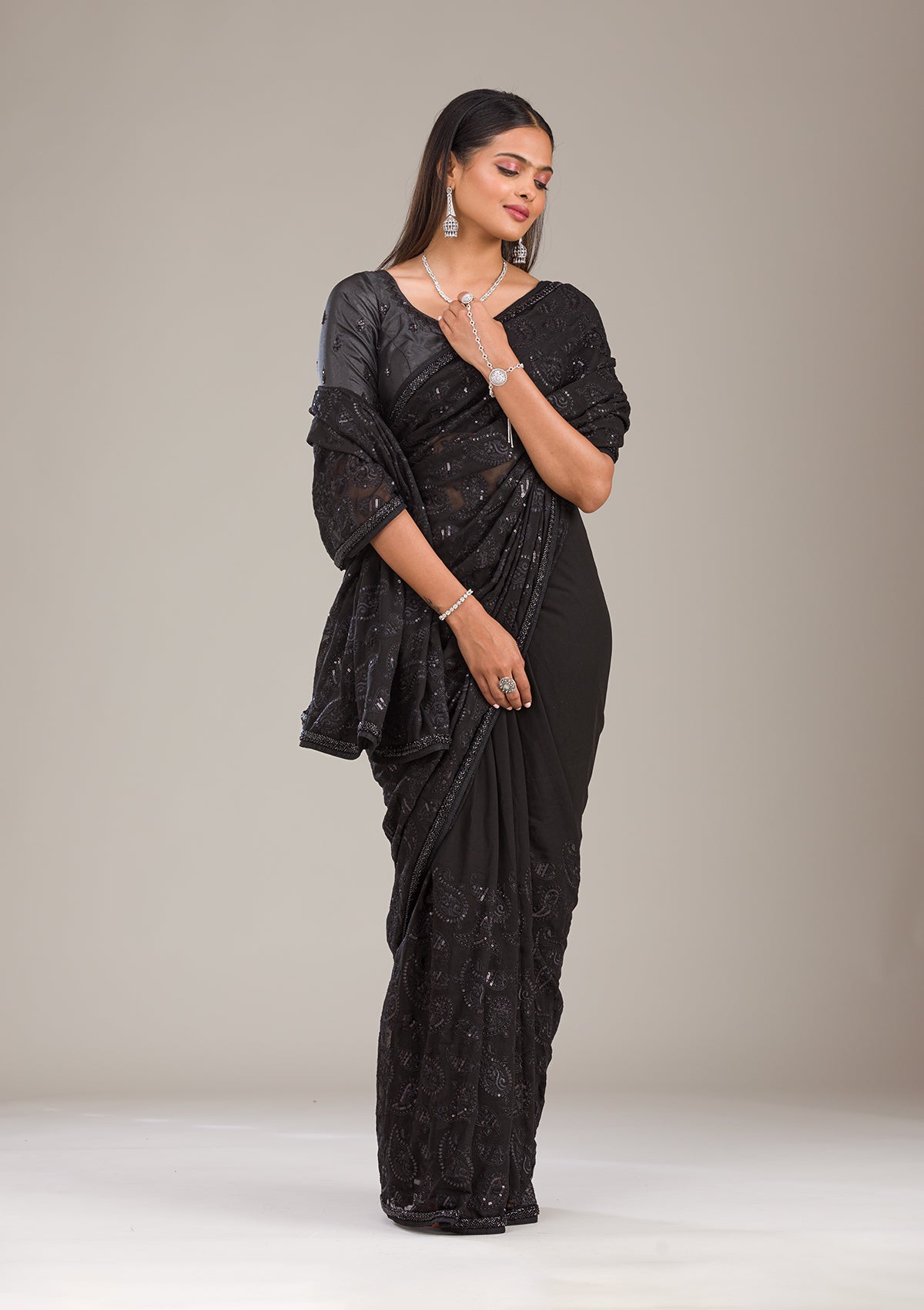 Koskii Black Cutdana Tissue Saree – Women's