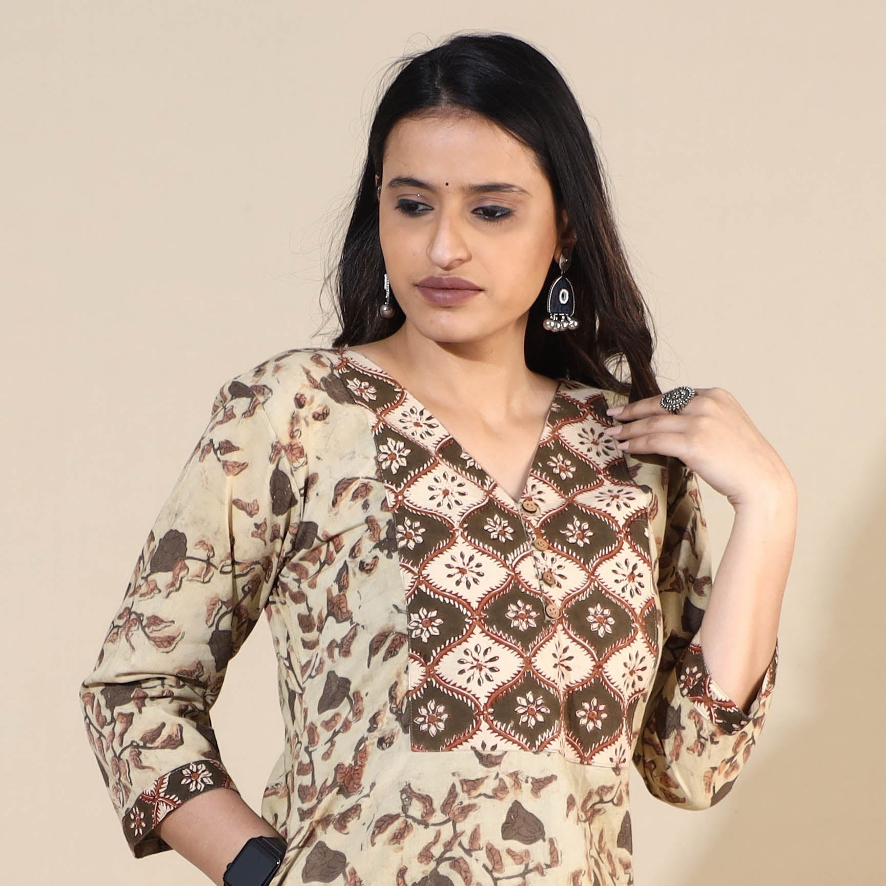ITOKRI CASUALS Beige - Bagru Hand Block Printed Cotton Long Kurta