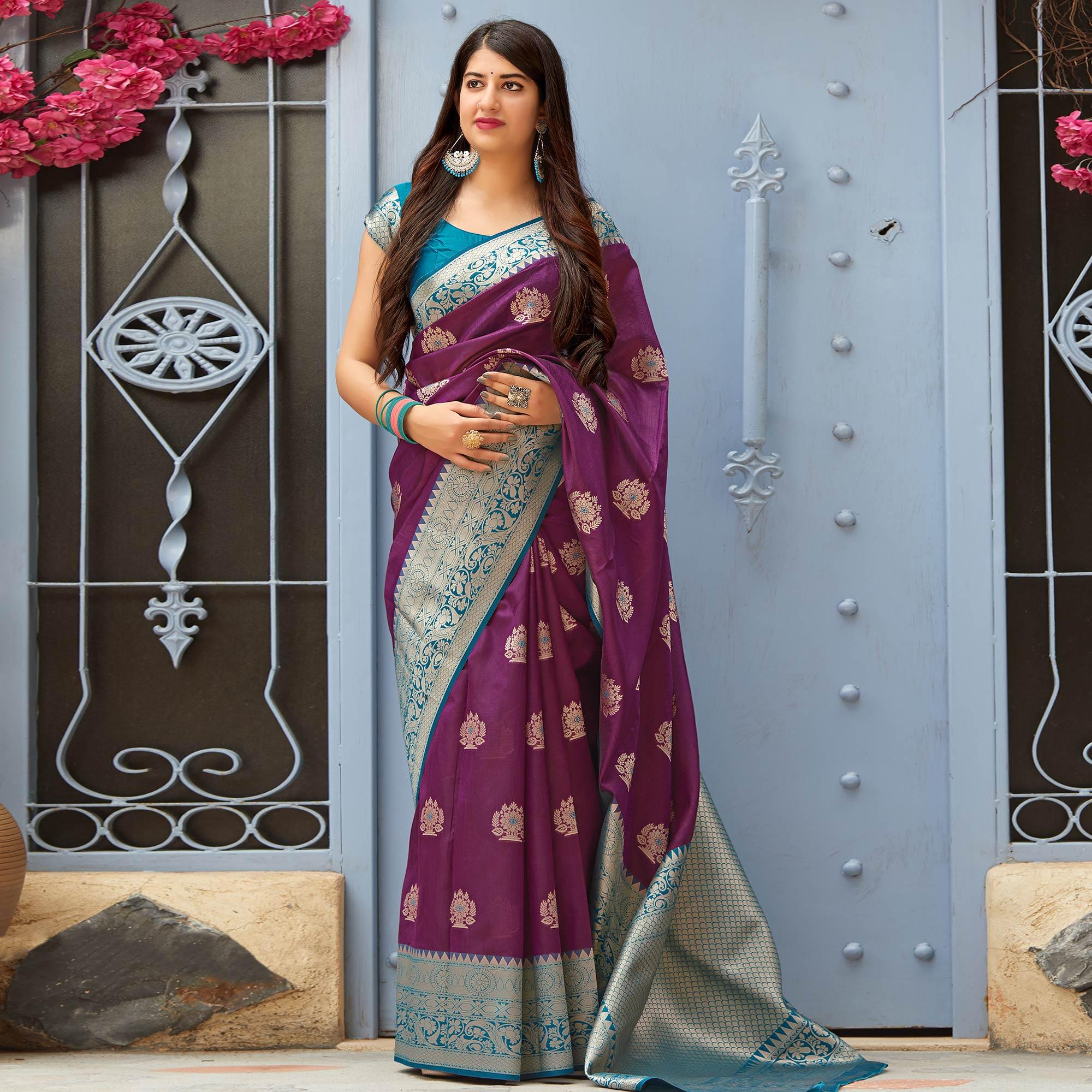 Peachmode Captivating Purple Colored Festive Wear Woven Banarasi Silk Saree