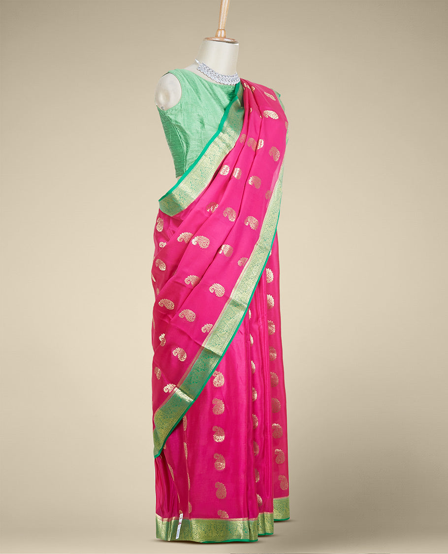 Pothys Purple paisley zari buttas mysore silk saree, contrast paisley design zari border & pallu of intricate zari designs - view 2