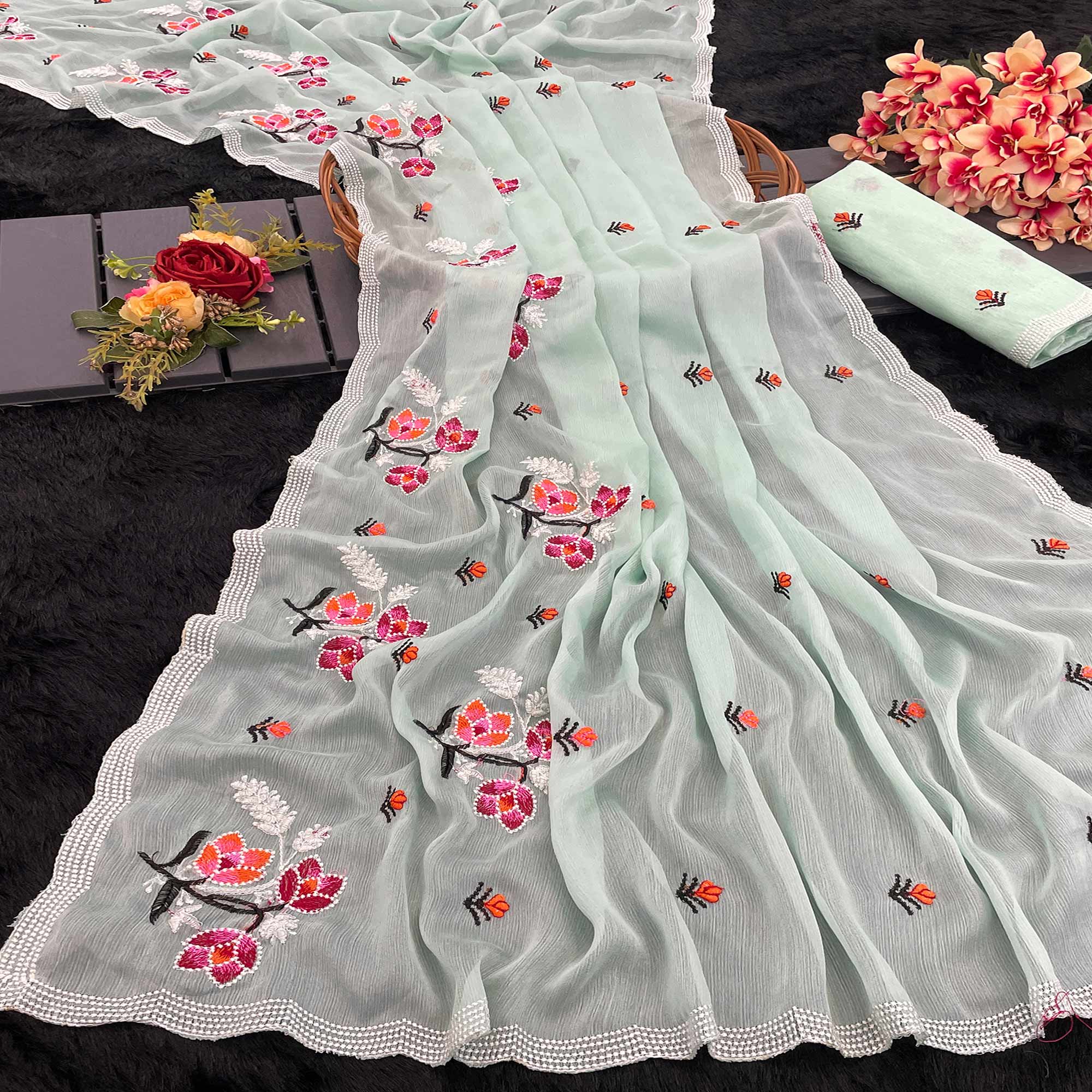 Peachmode Mint Green Floral Embroidered Chiffon Saree
