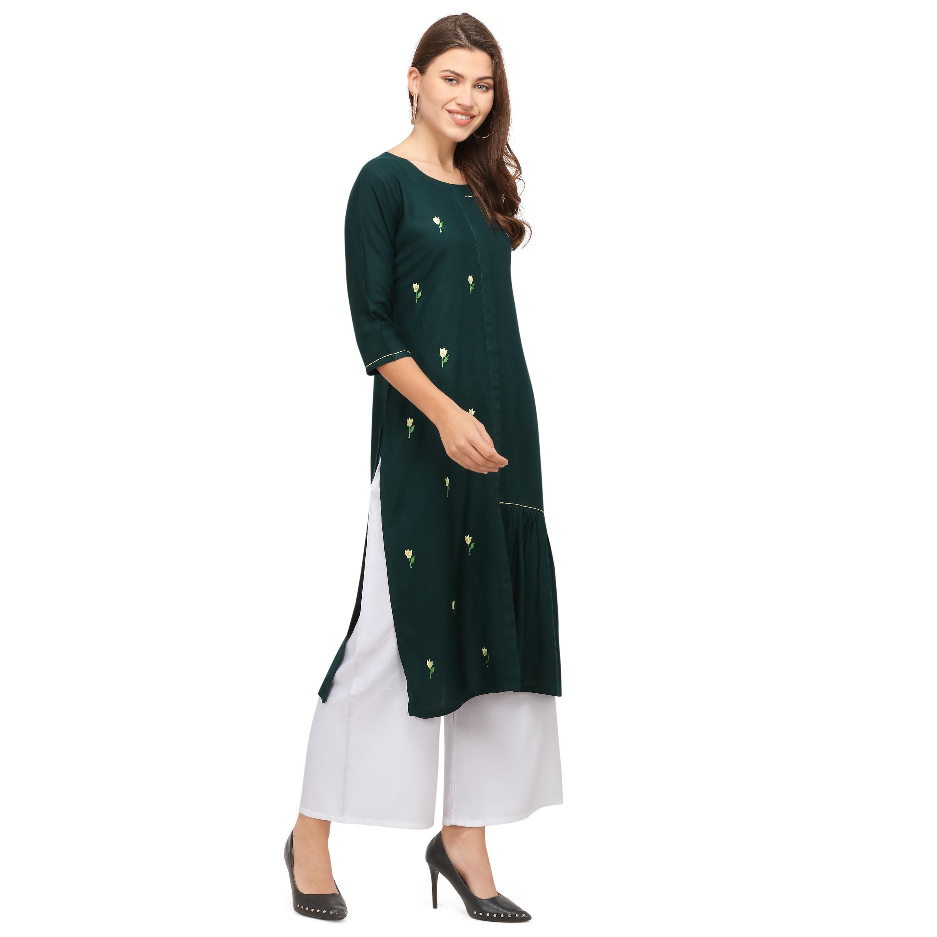 Peachmode Seller Intricate Green Colored Casual Wear Embroidered Rayon Kurti With Palazzo - view 2
