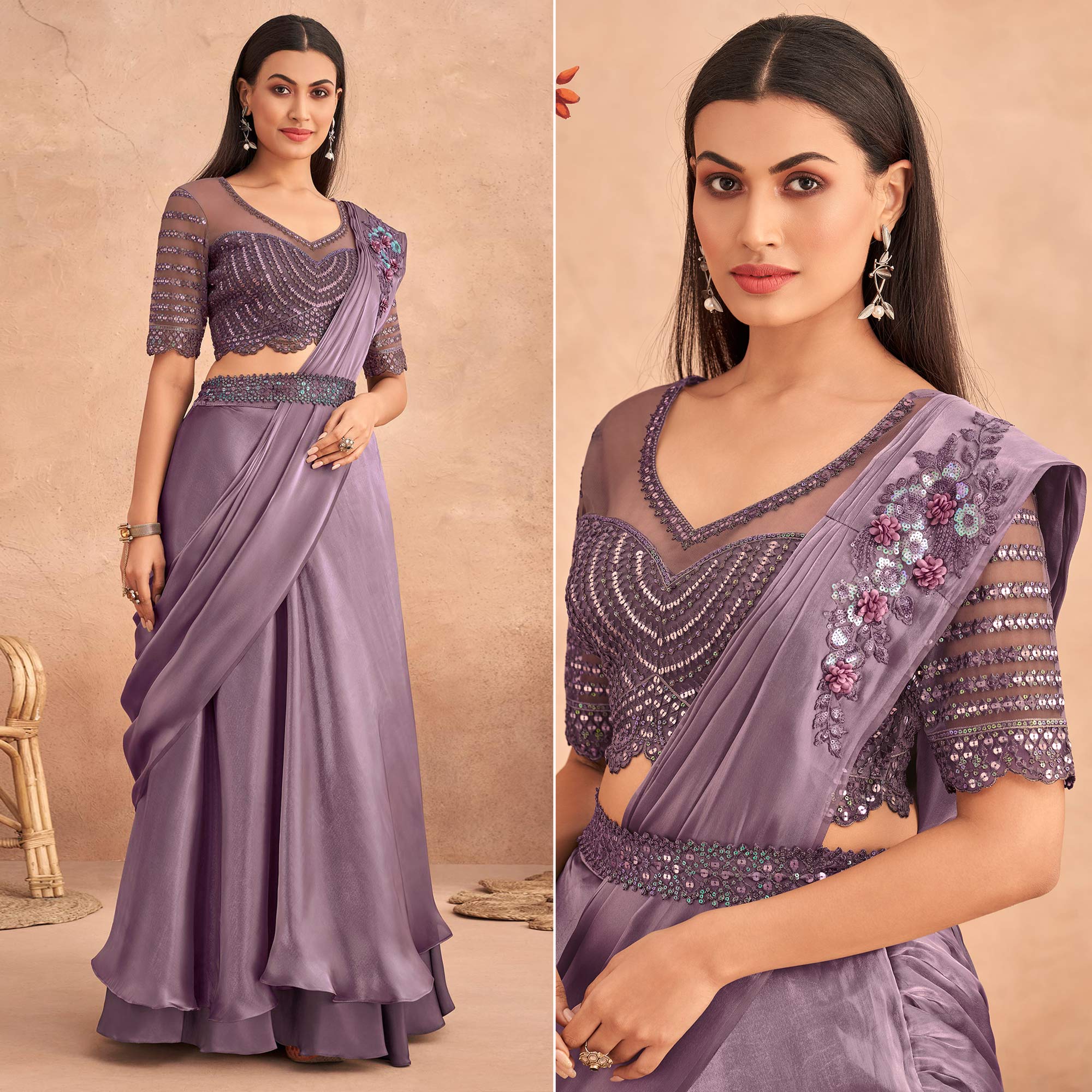 Peachmode Seller Mauve Sequins Embroidered Ready To Wear Art Silk Saree